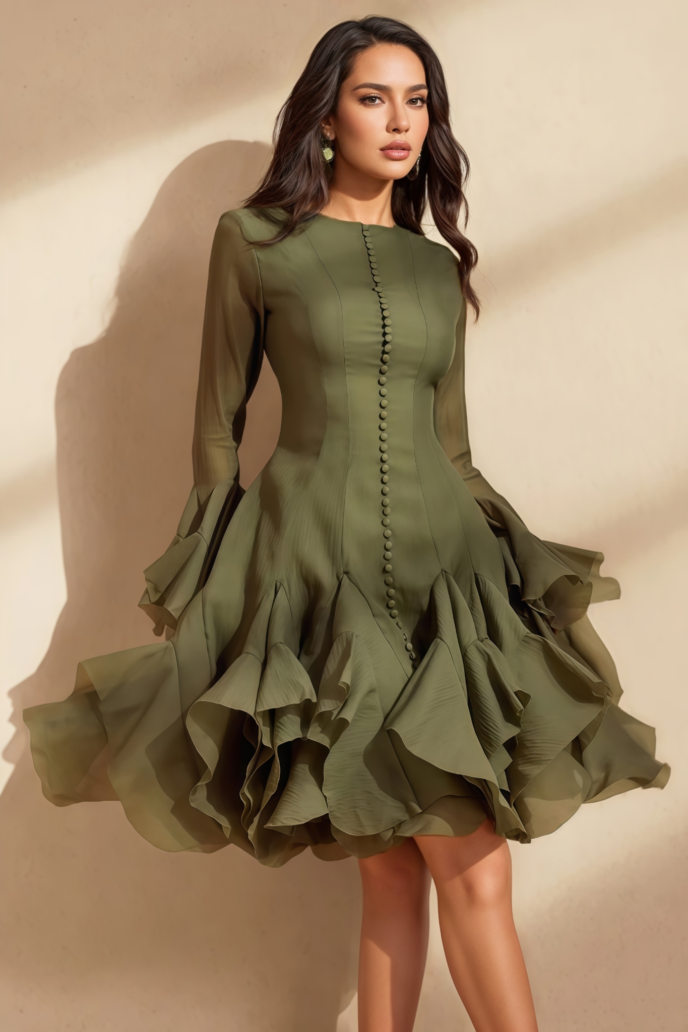 Ilyra Green Flare Sleeve Button Midi Dress