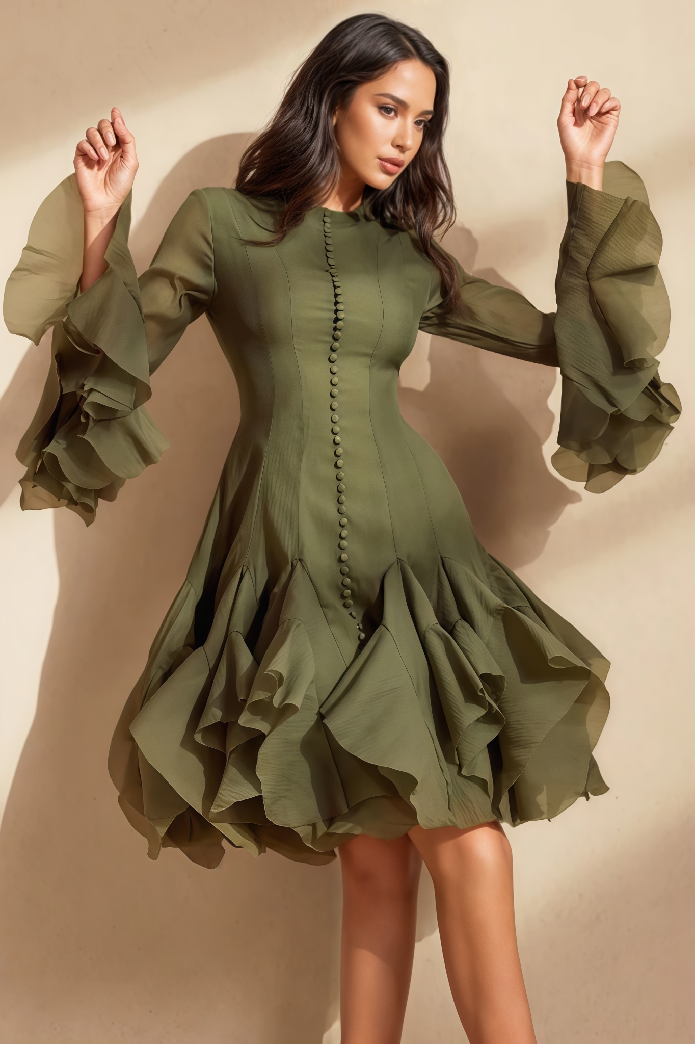 Ilyra Green Flare Sleeve Button Midi Dress