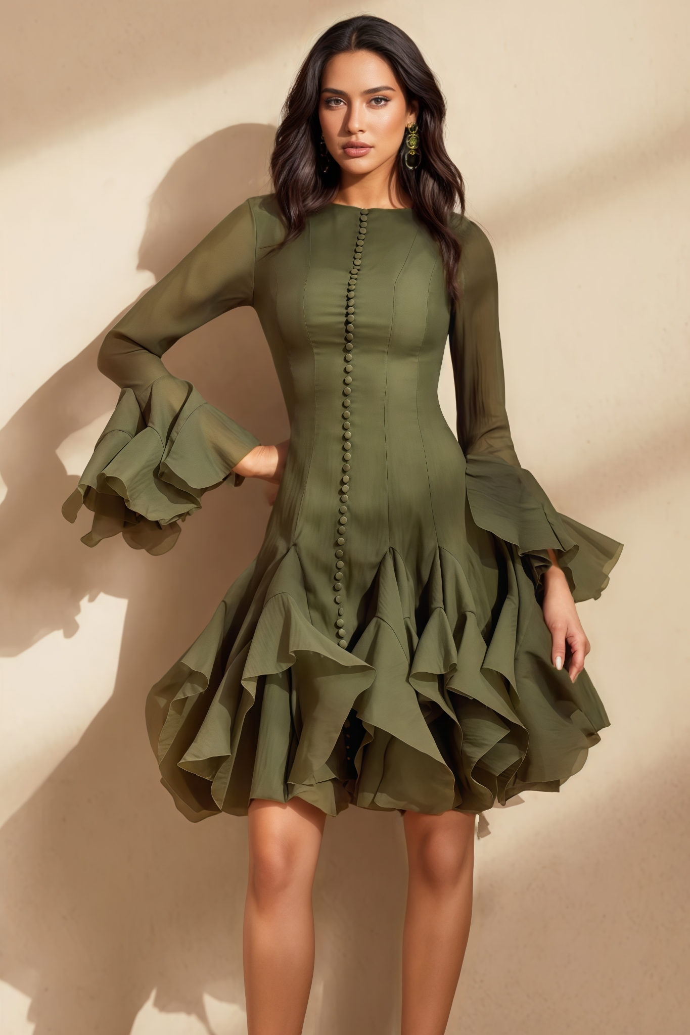 Ilyra Green Flare Sleeve Button Midi Dress