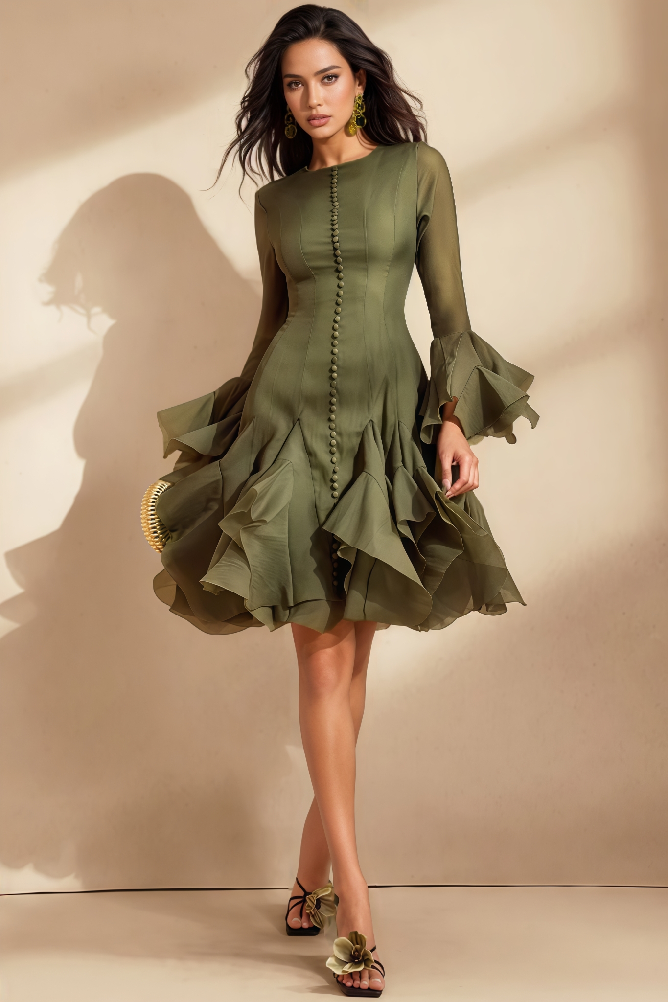 Ilyra Green Flare Sleeve Button Midi Dress