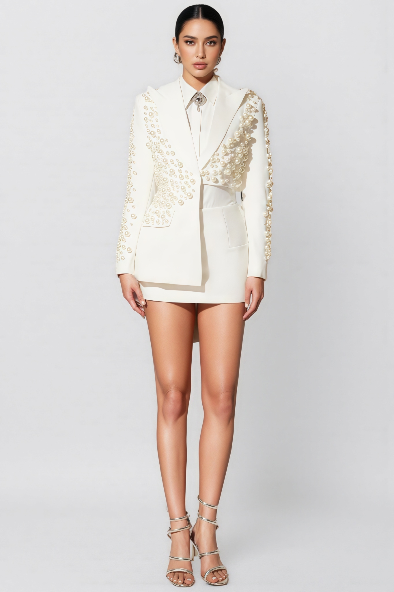 Tyrelx White Pearl Blazer Mini Dress Set