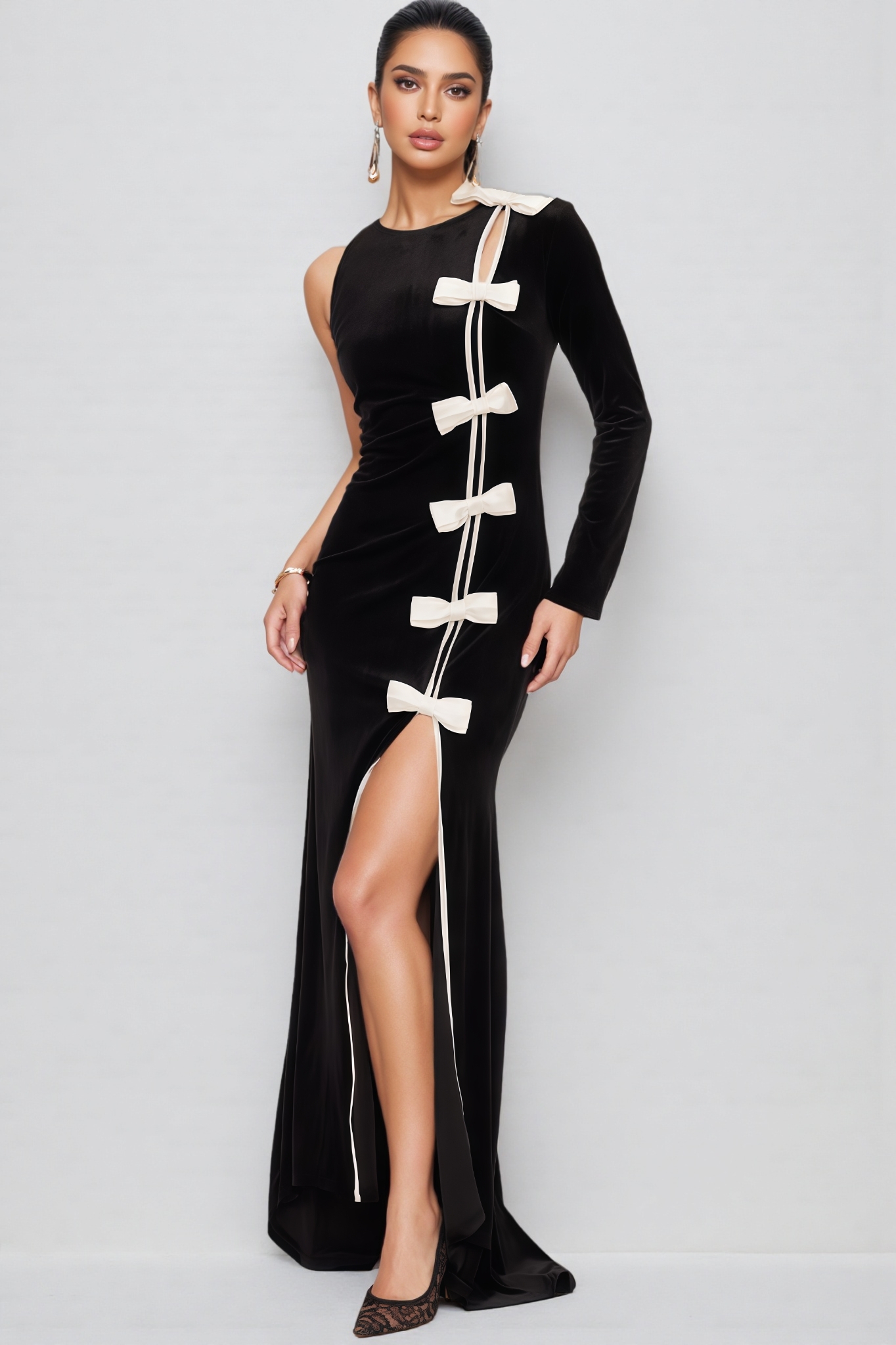 Saloiy Black Bow Split Maxi Dress
