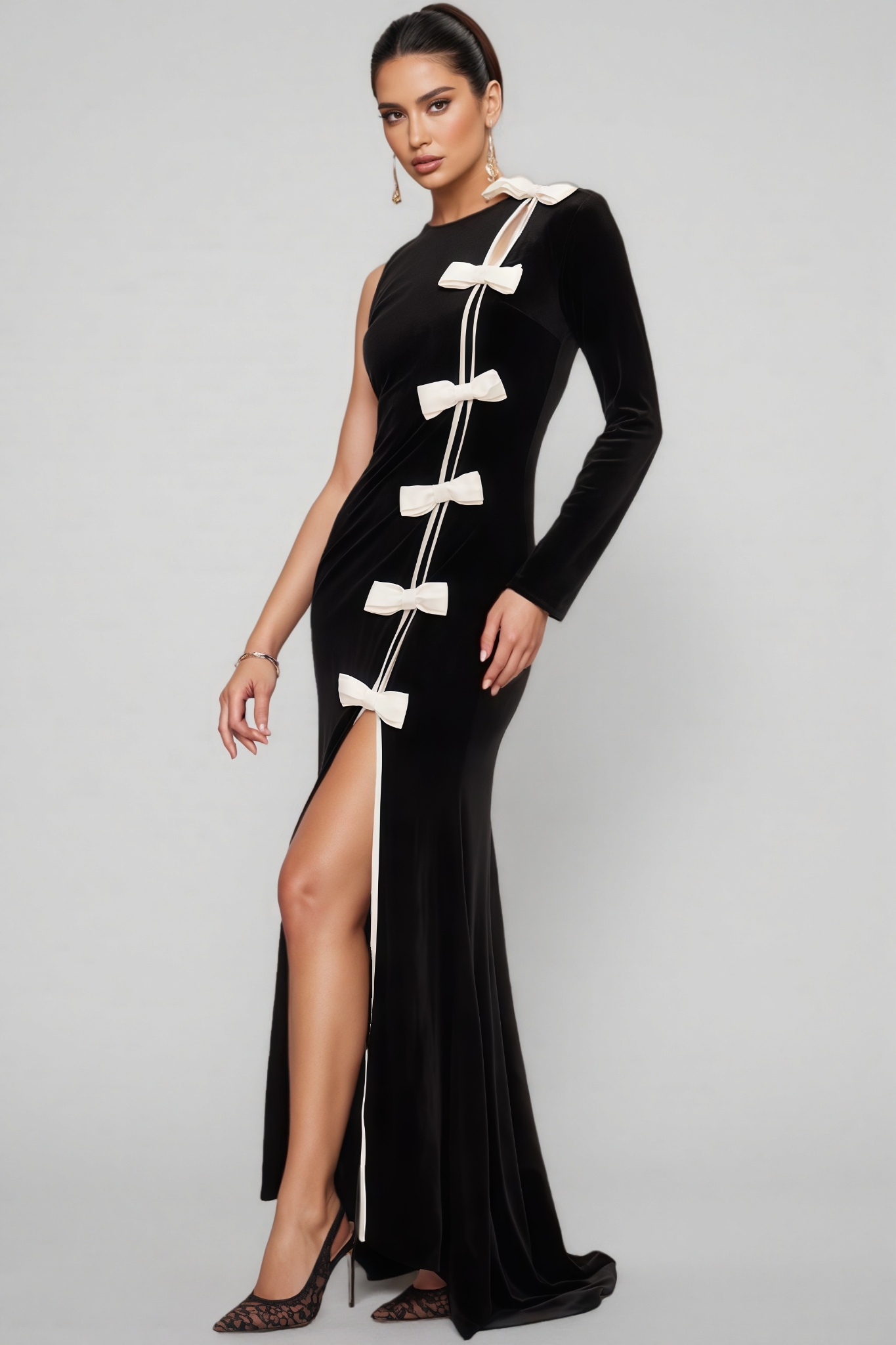 Saloiy Black Bow Split Maxi Dress