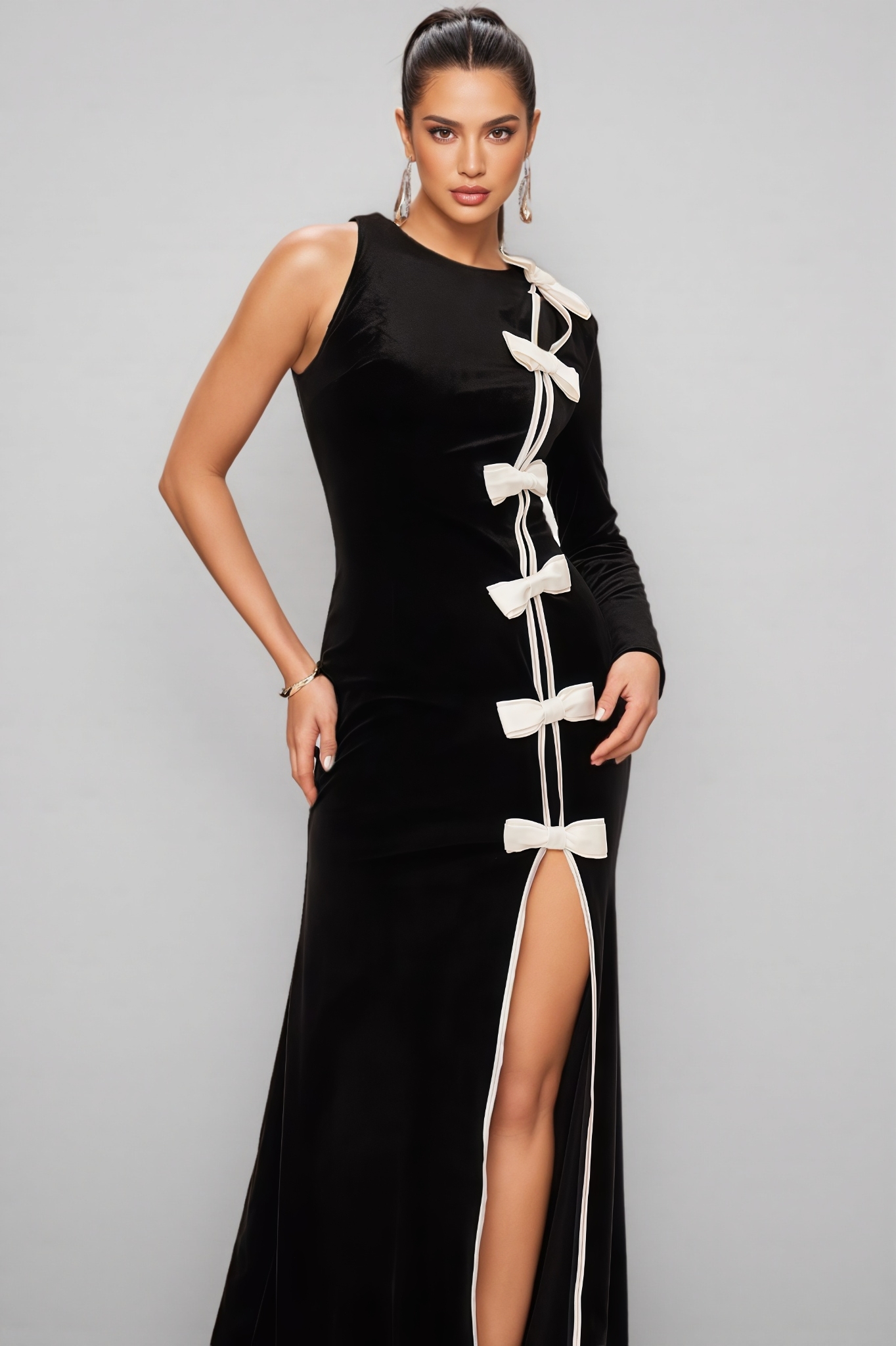 Saloiy Black Bow Split Maxi Dress