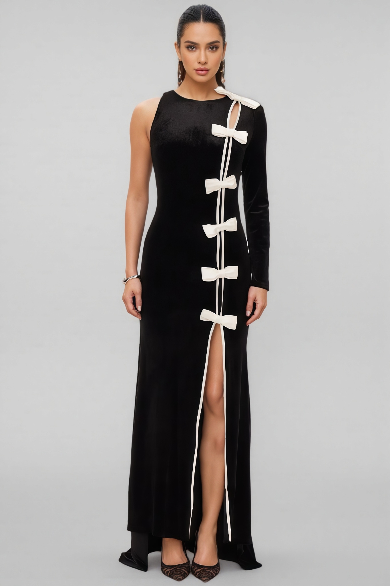 Saloiy Black Bow Split Maxi Dress