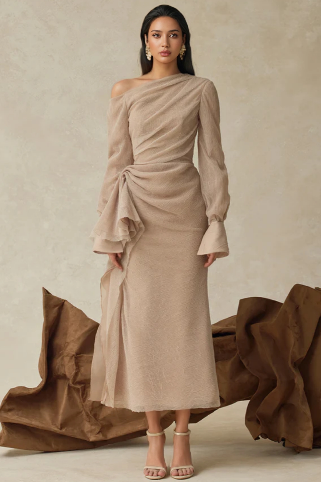 Myric Asymmetric Neck Draped Midi Dress