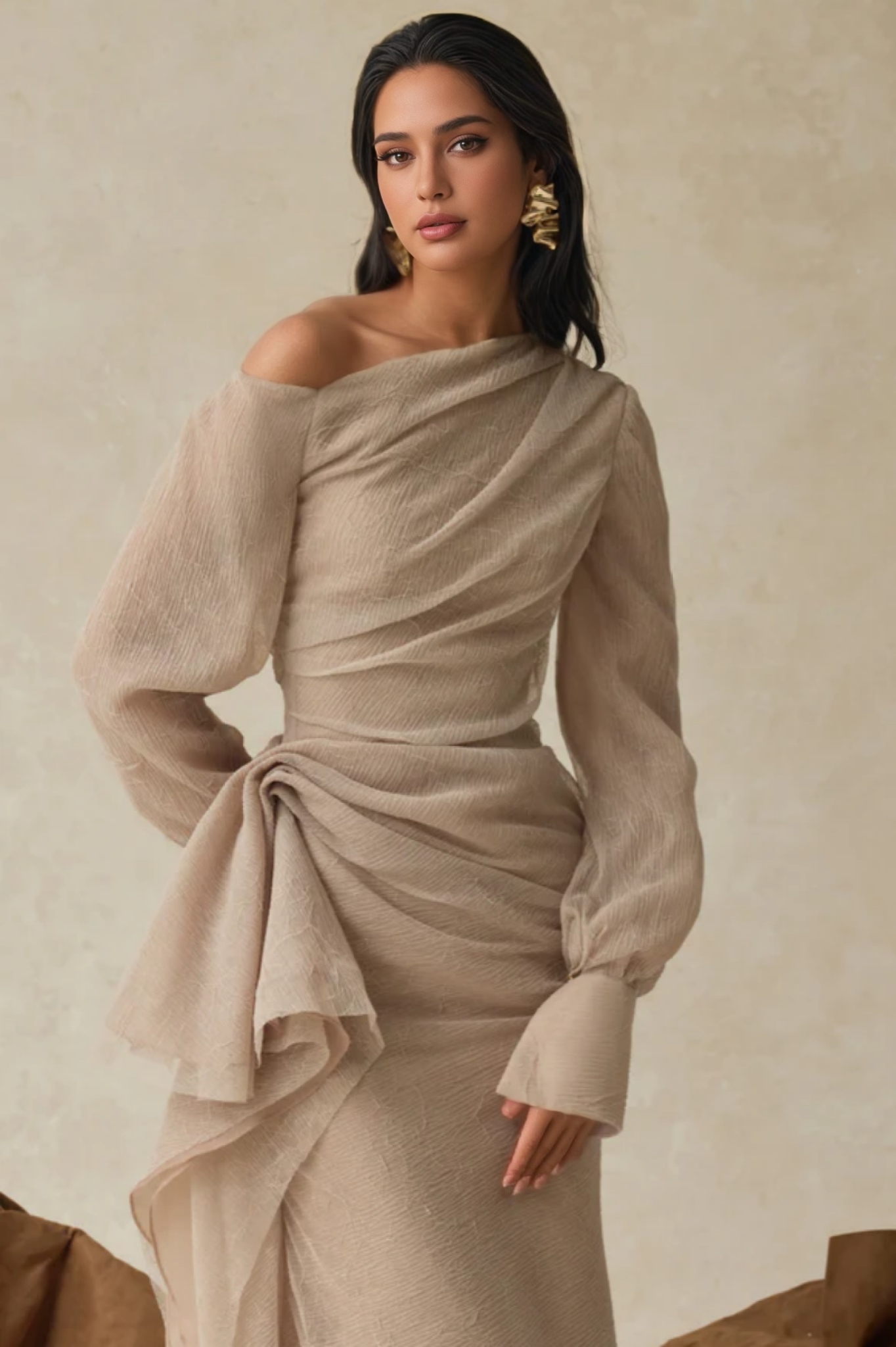 Myric Asymmetric Neck Draped Midi Dress