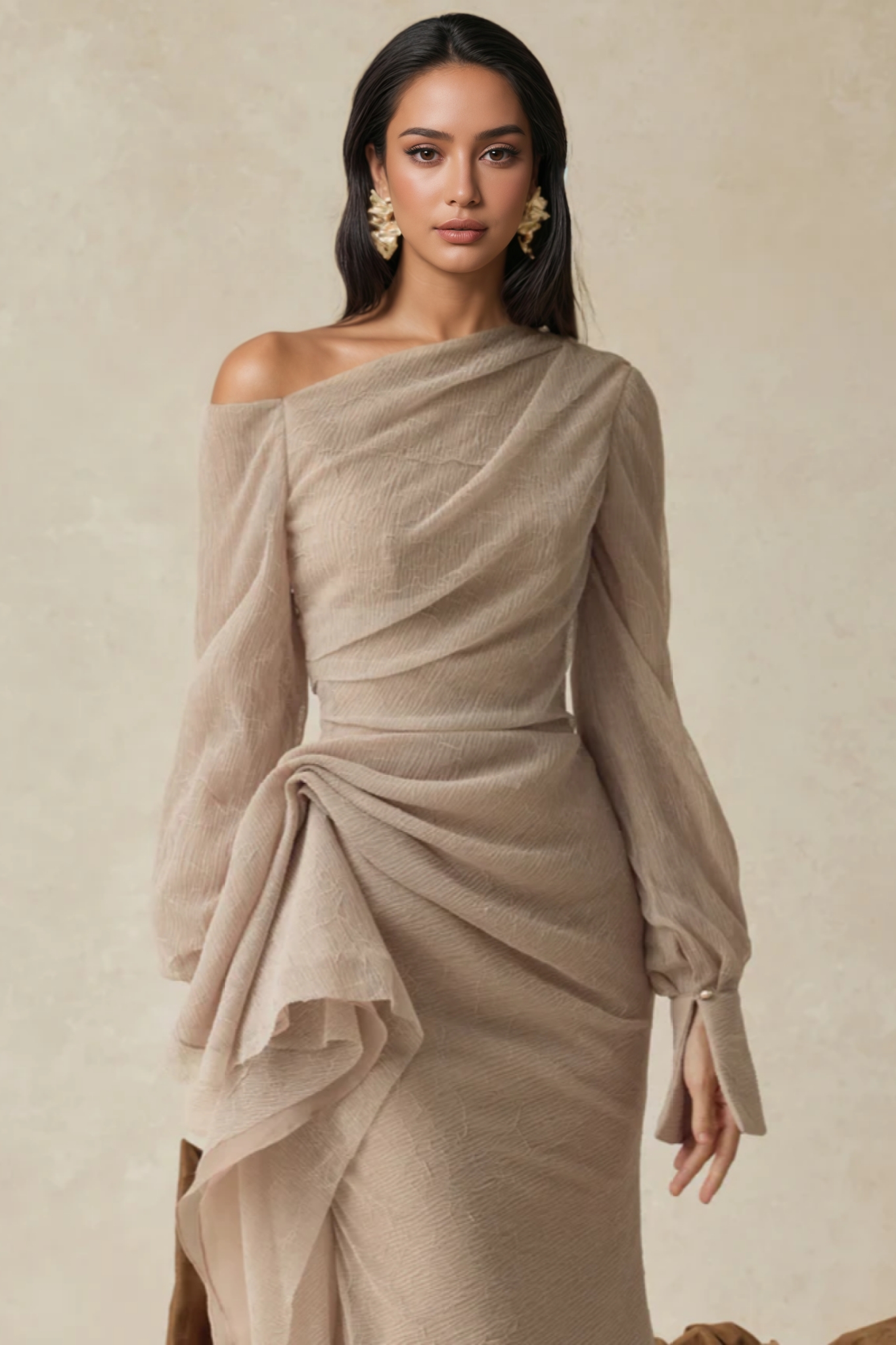 Myric Asymmetric Neck Draped Midi Dress