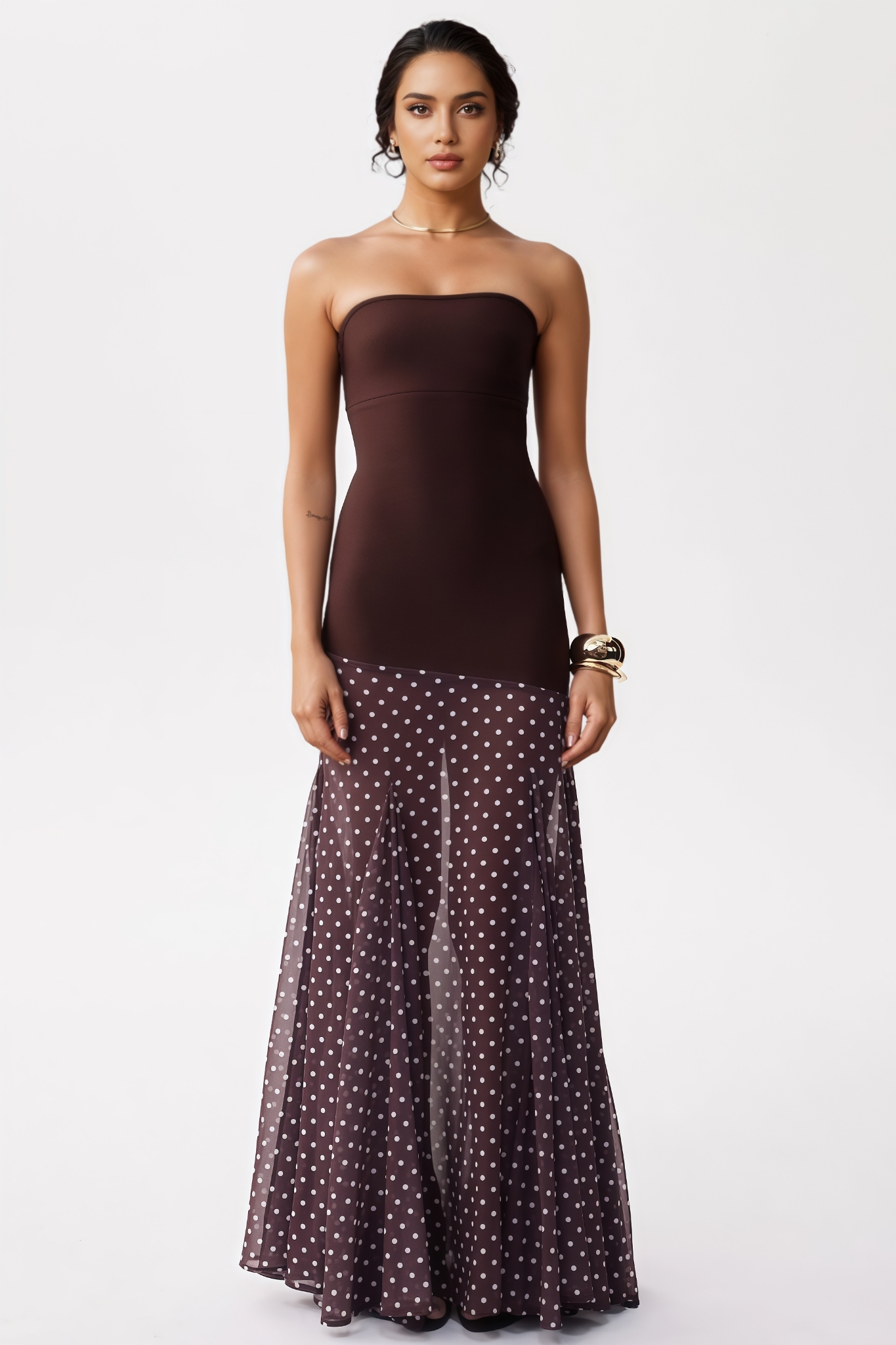 Nyvernt Brown Strapless Dot Maxi Dress