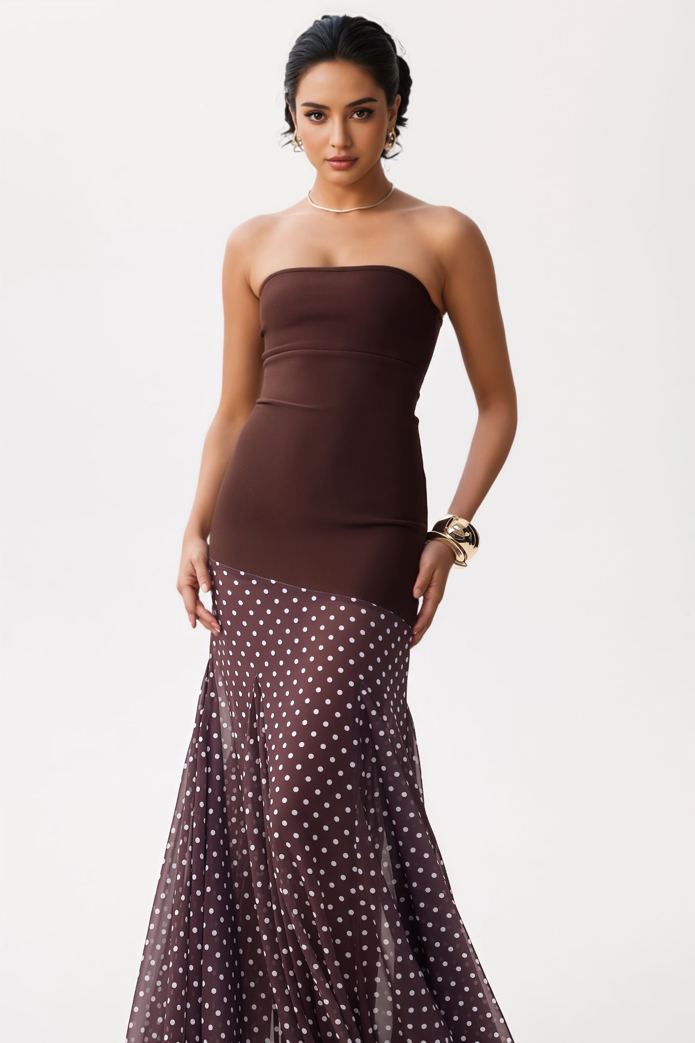 Nyvernt Brown Strapless Dot Maxi Dress
