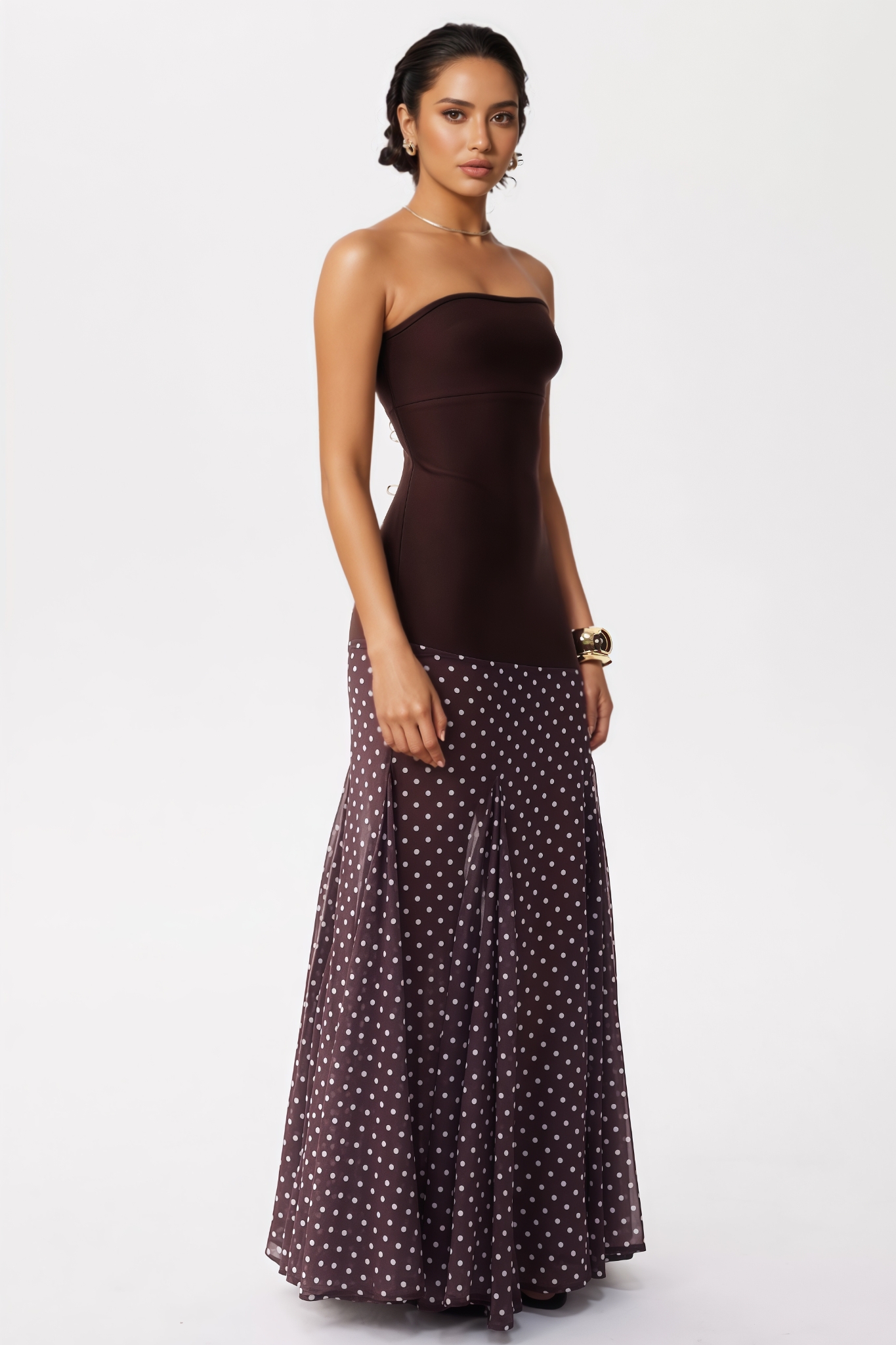 Nyvernt Brown Strapless Dot Maxi Dress