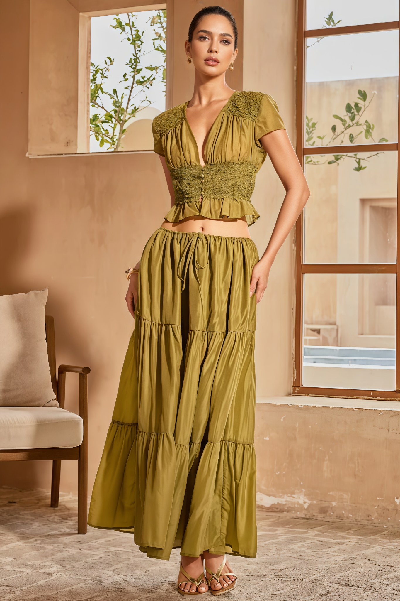 Lunket Green Plunge Neck Maxi Dress Set