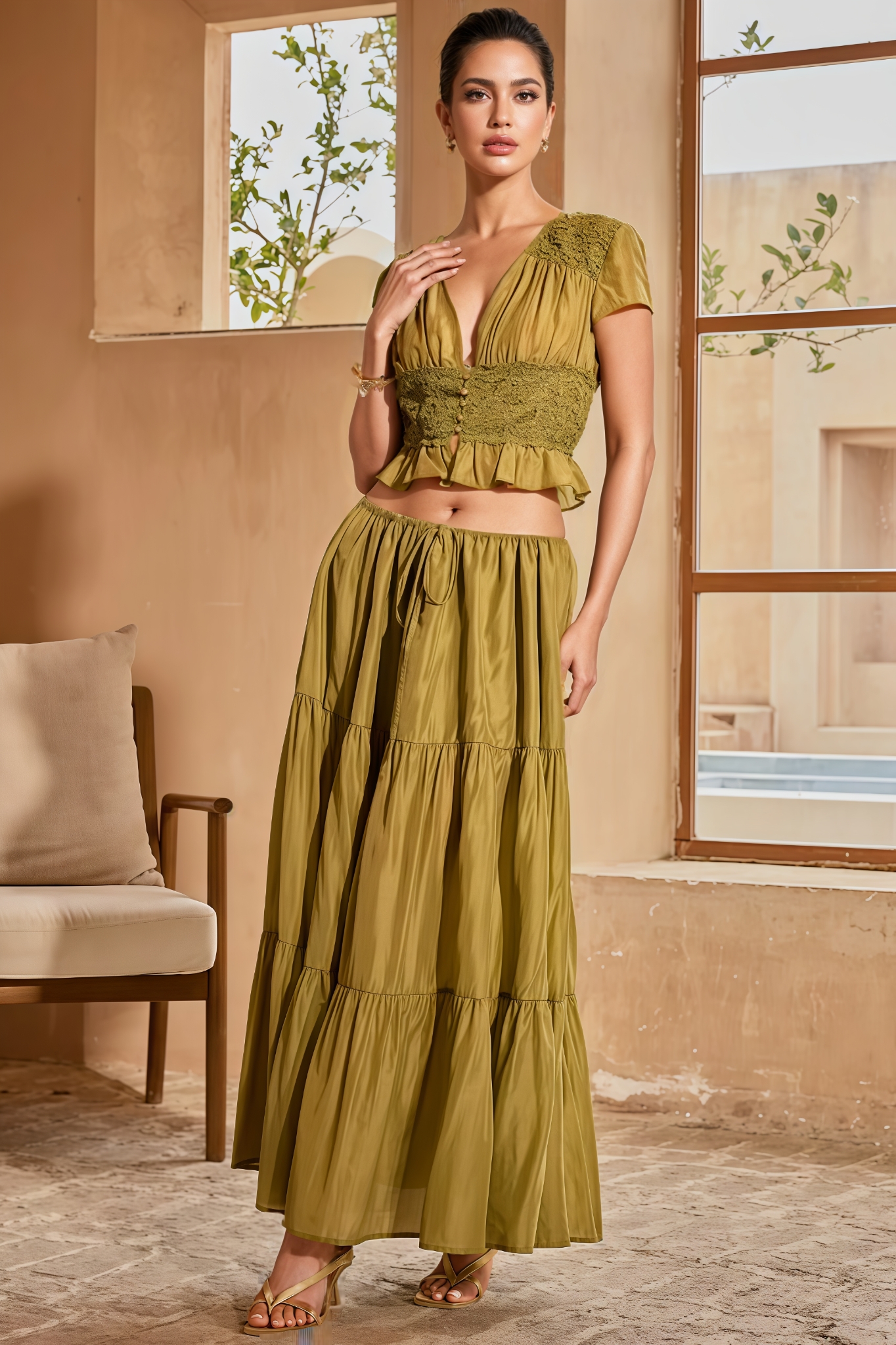 Lunket Green Plunge Neck Maxi Dress Set