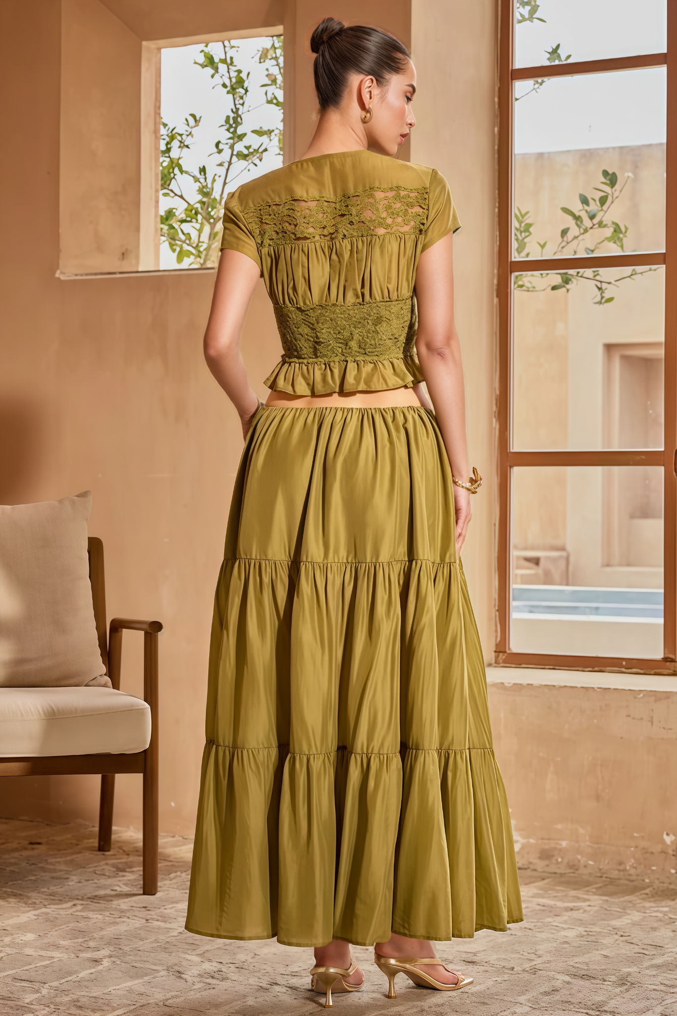 Lunket Green Plunge Neck Maxi Dress Set