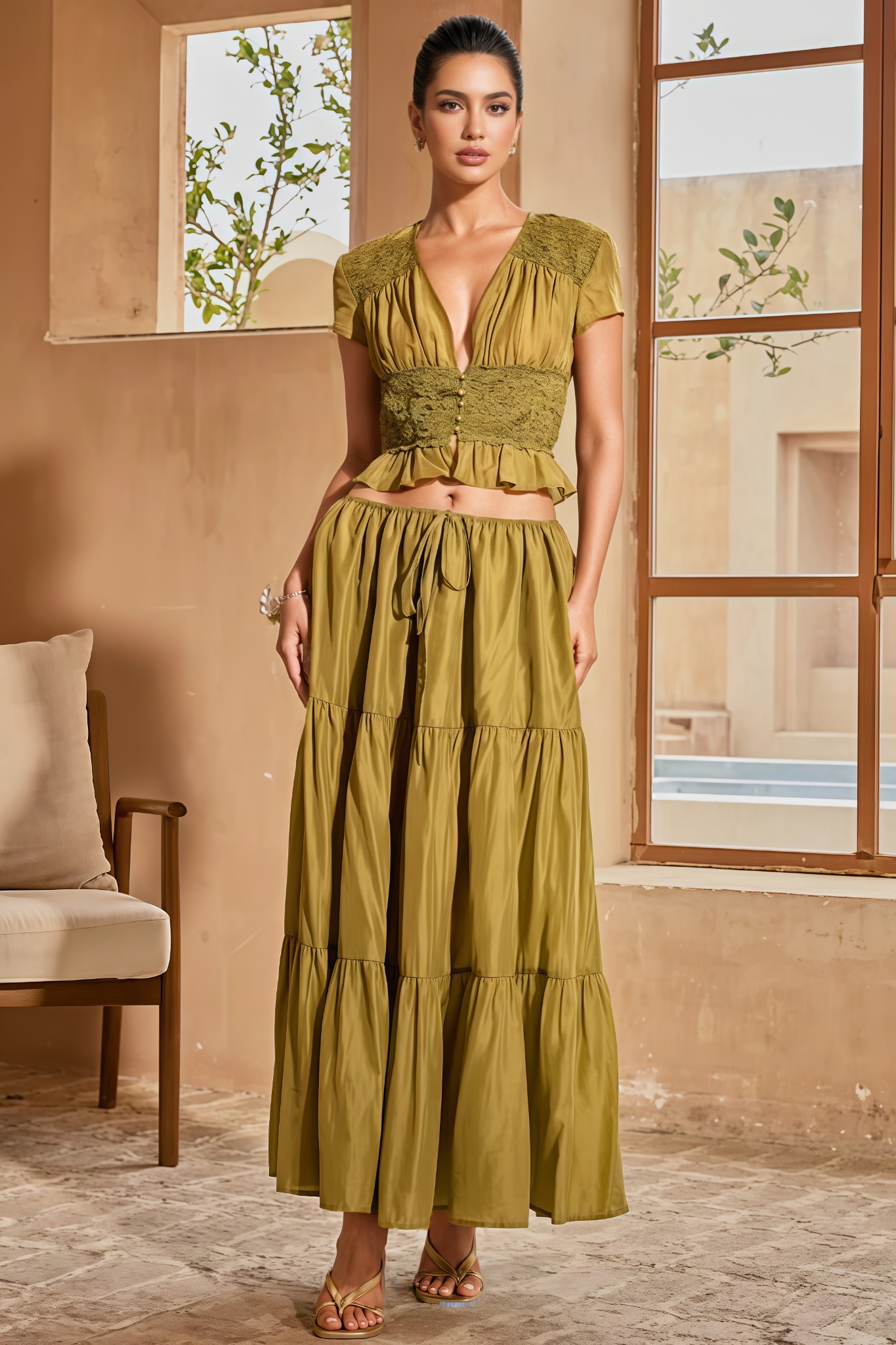 Lunket Green Plunge Neck Maxi Dress Set