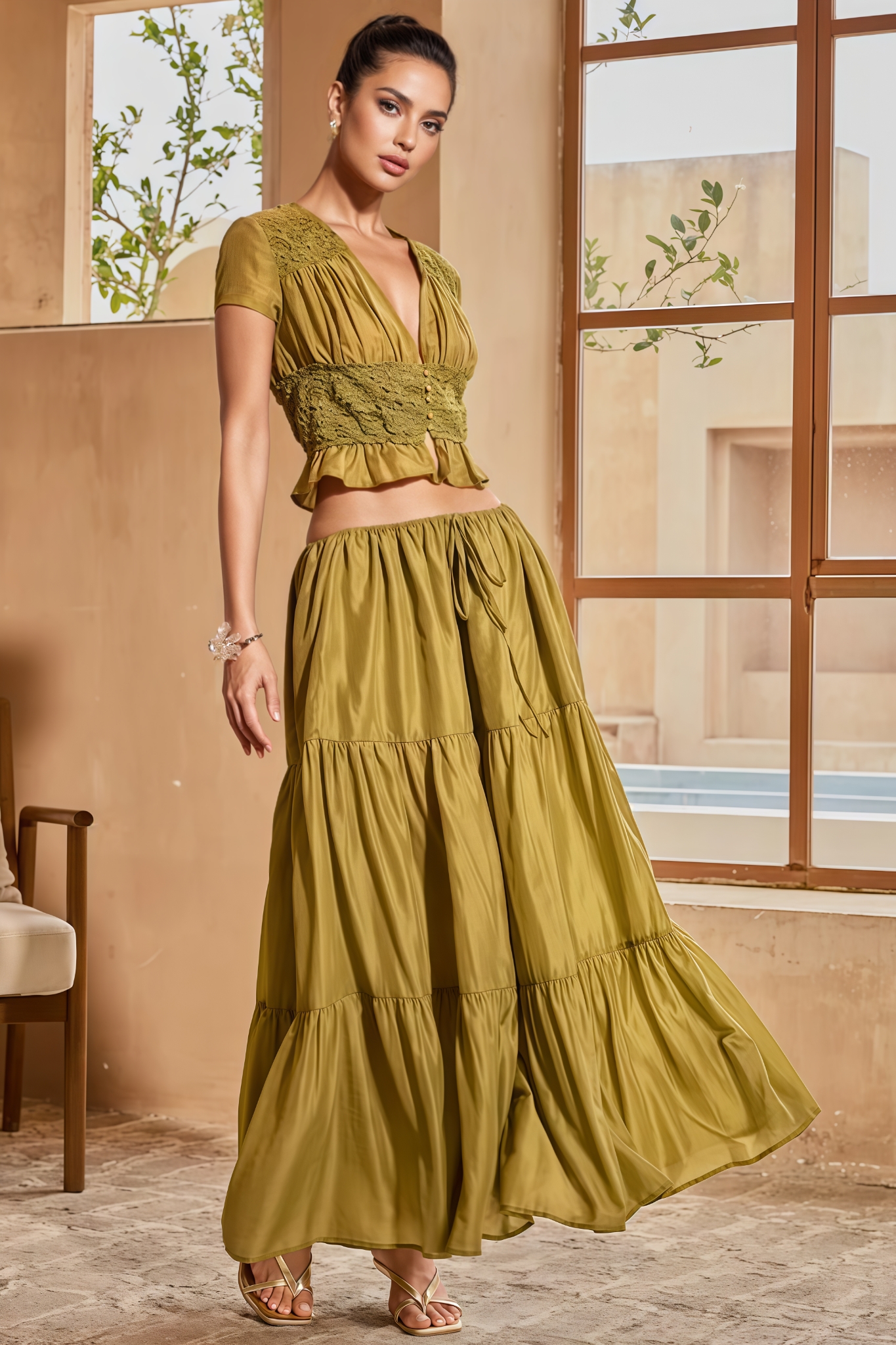 Lunket Green Plunge Neck Maxi Dress Set
