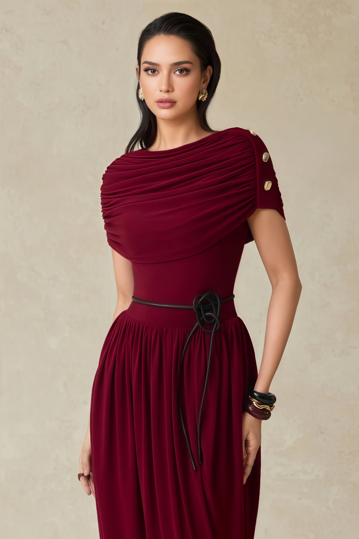 Galint Red Asymmetrical Knit Maxi Dress