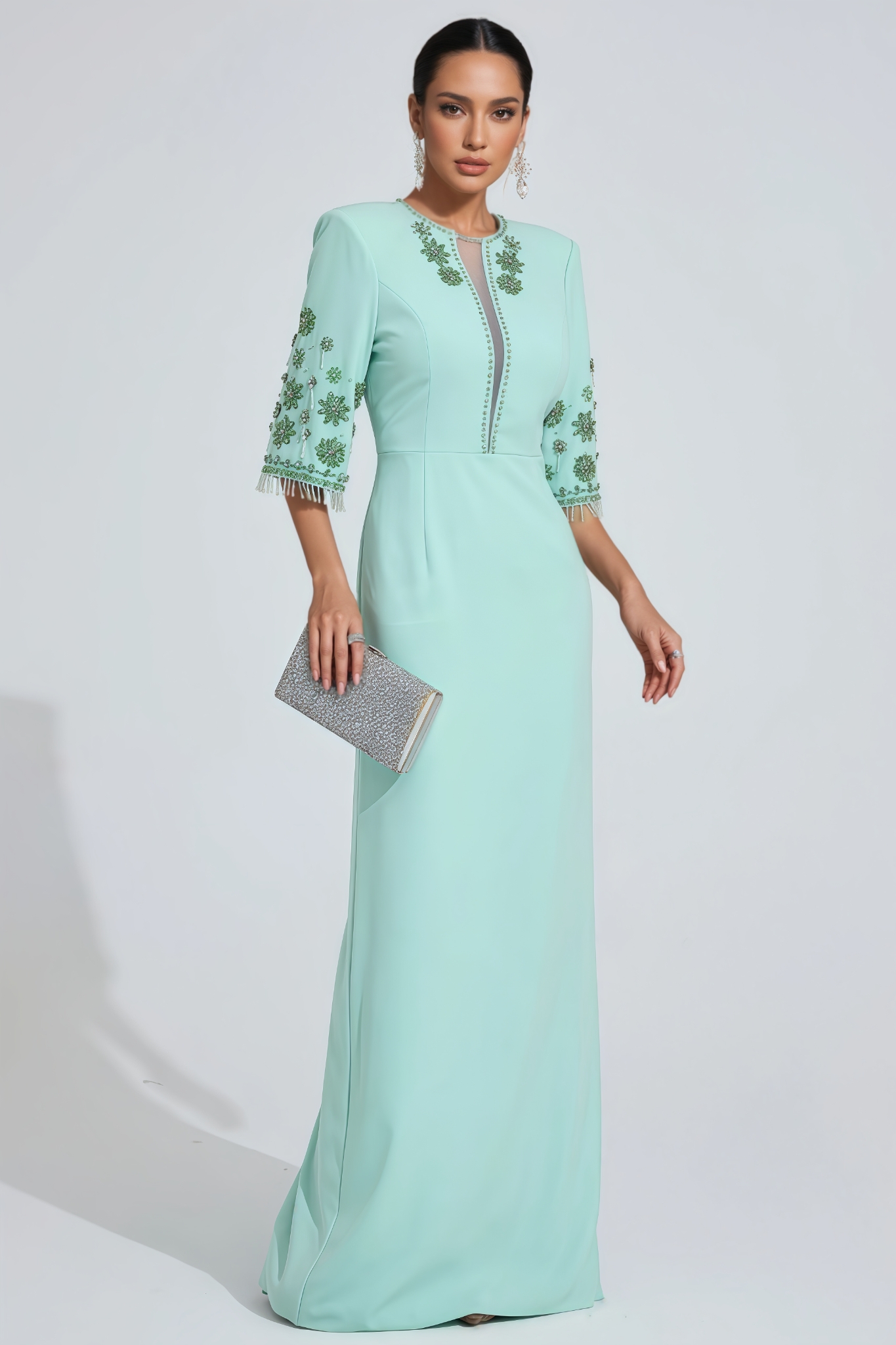 Caley Green Rhinestone Maxi Dress