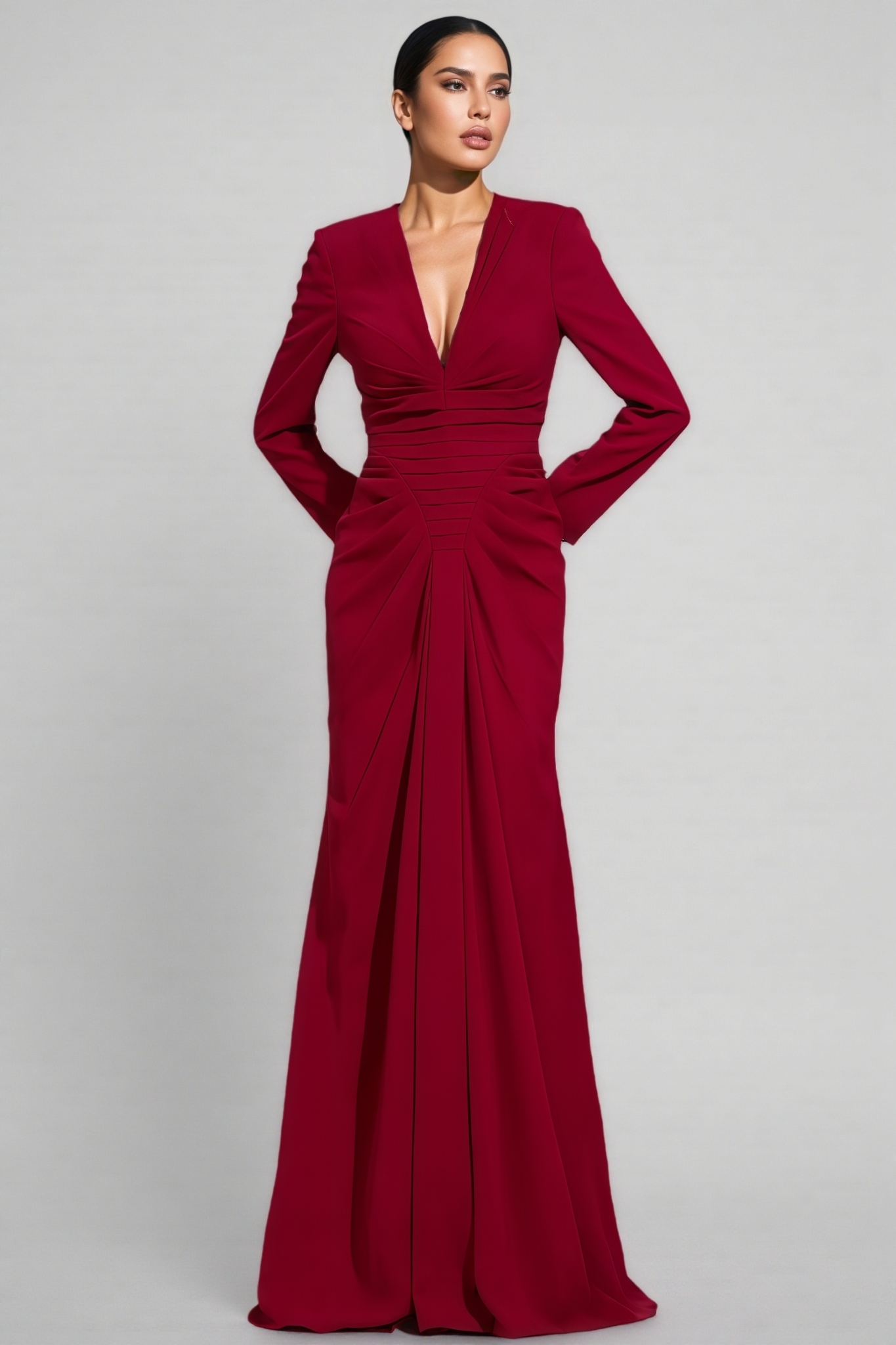 Naryn Red Long Sleeve Ruched Maxi Dress