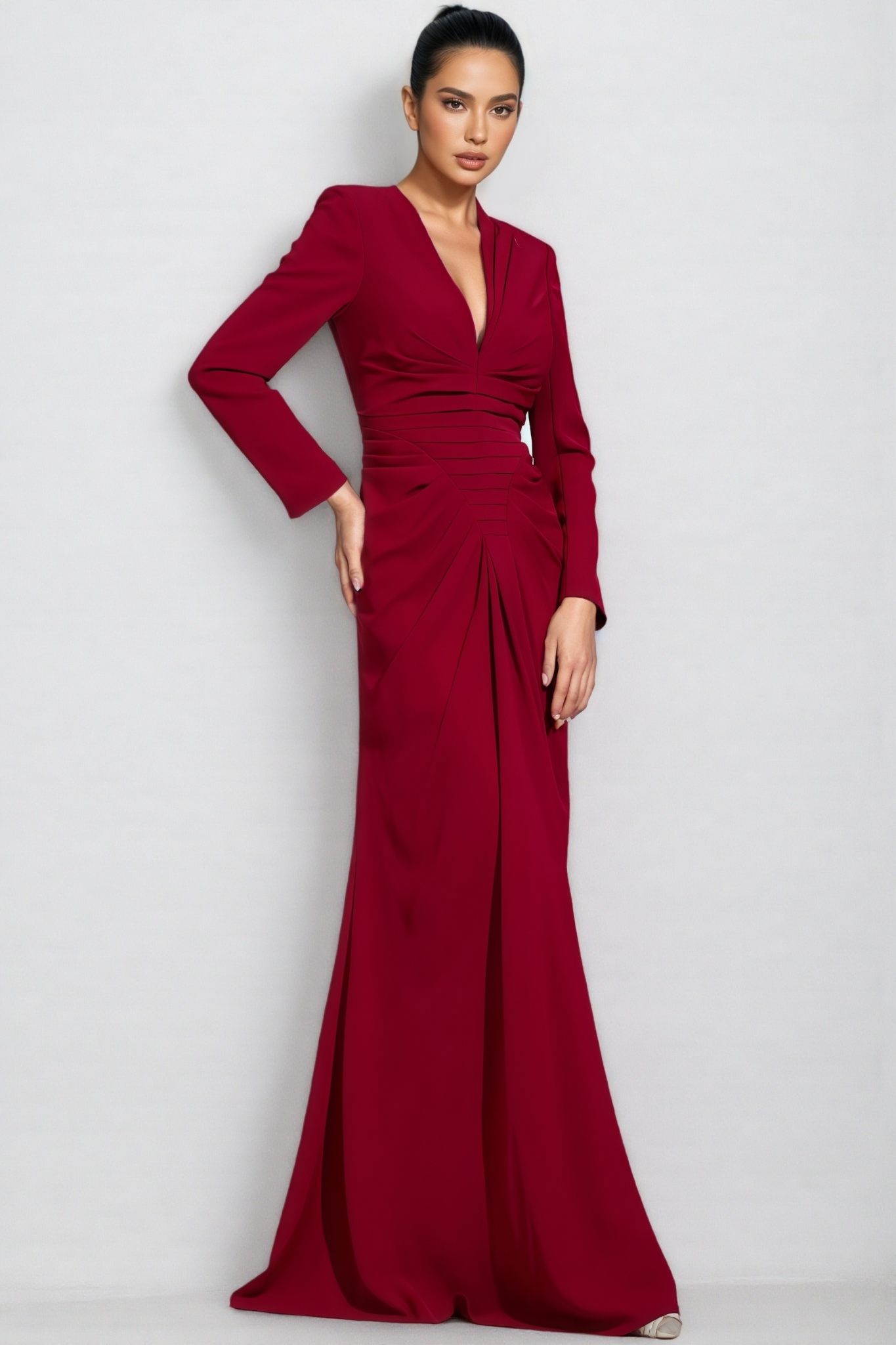 Naryn Red Long Sleeve Ruched Maxi Dress