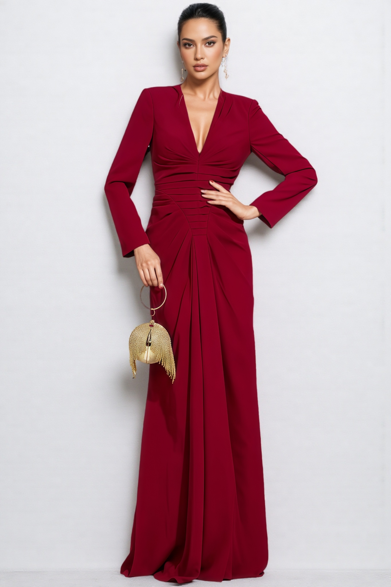 Naryn Red Long Sleeve Ruched Maxi Dress