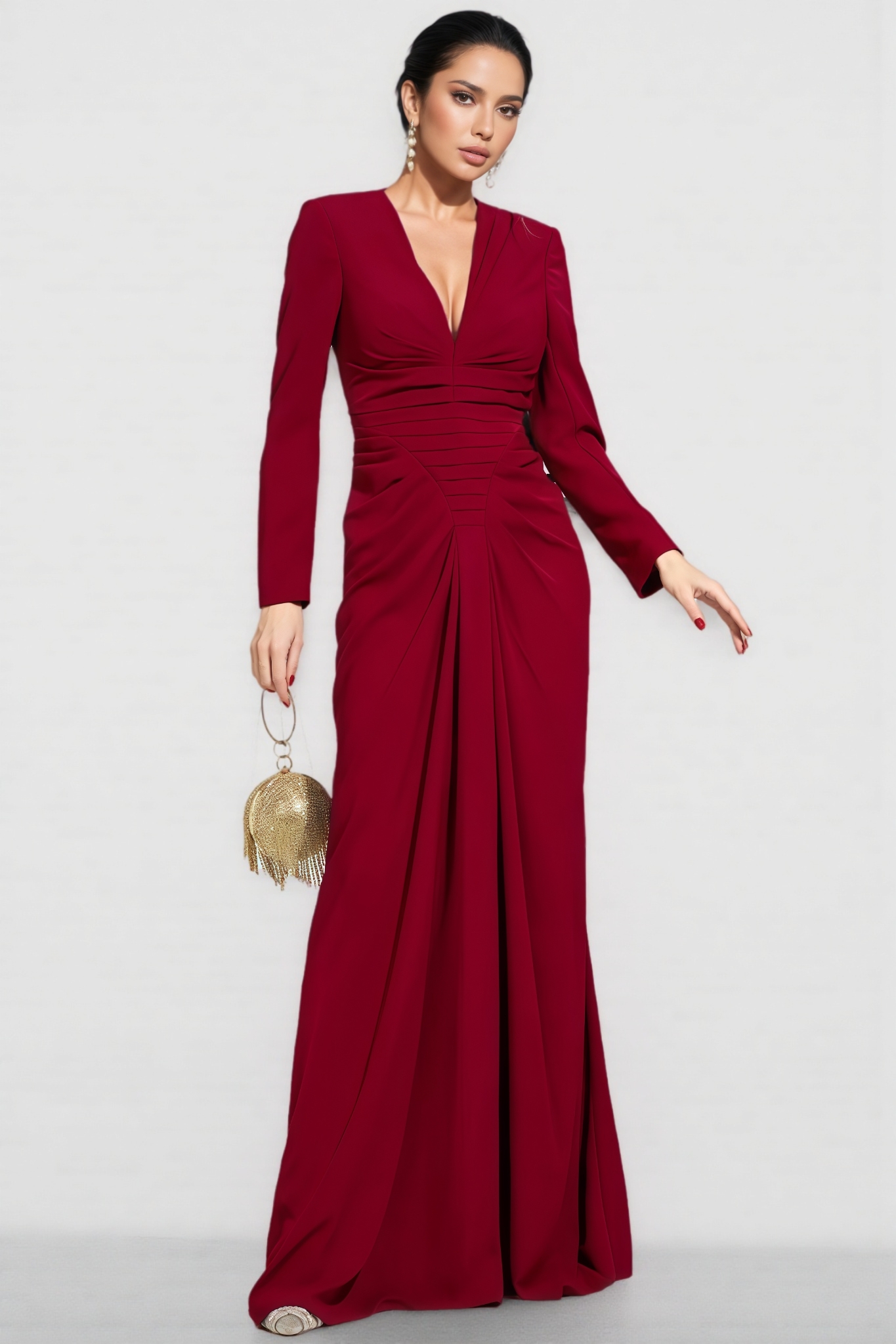 Naryn Red Long Sleeve Ruched Maxi Dress
