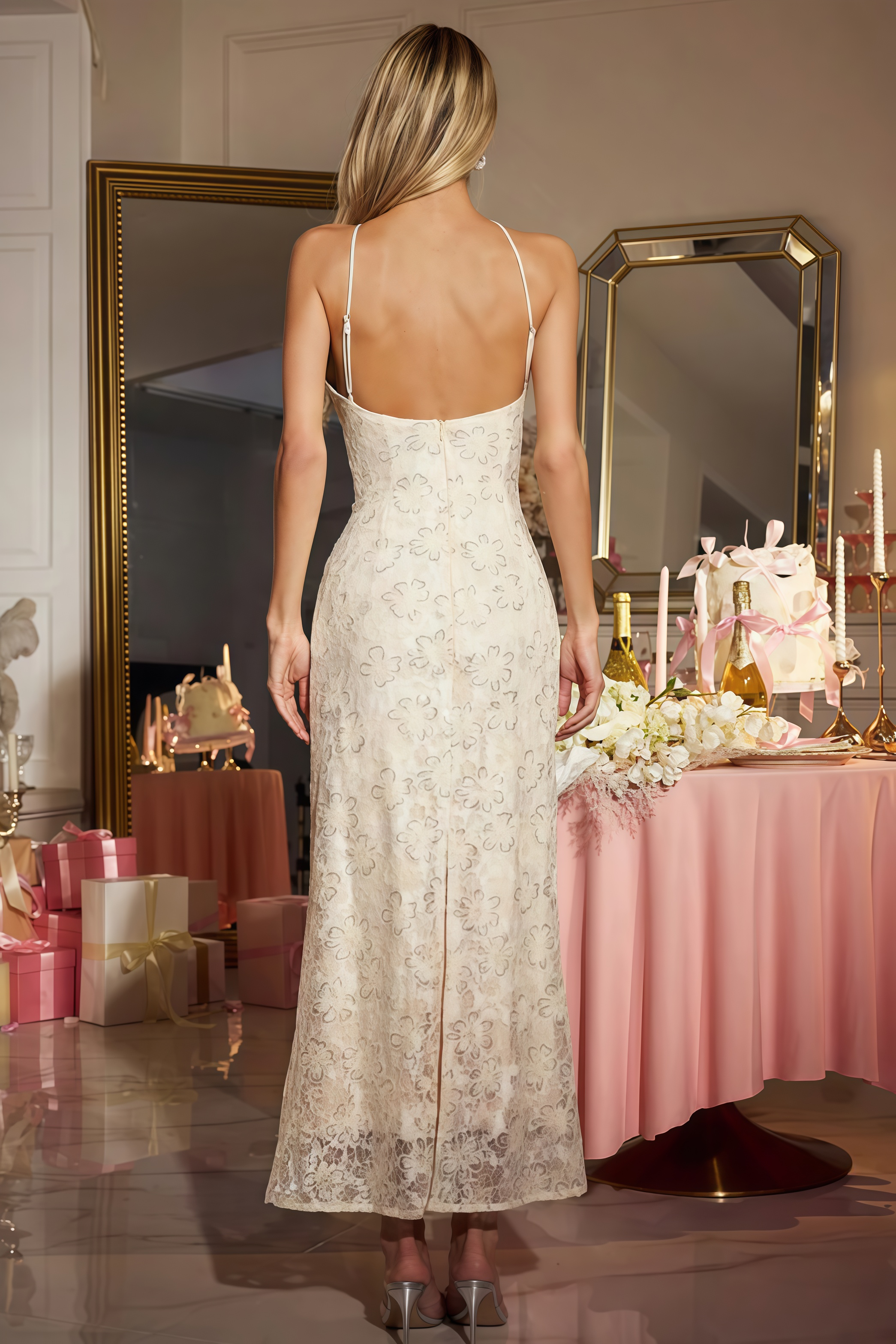 Rybarn Halterneck Floral Sequin Lace Maxi Dress