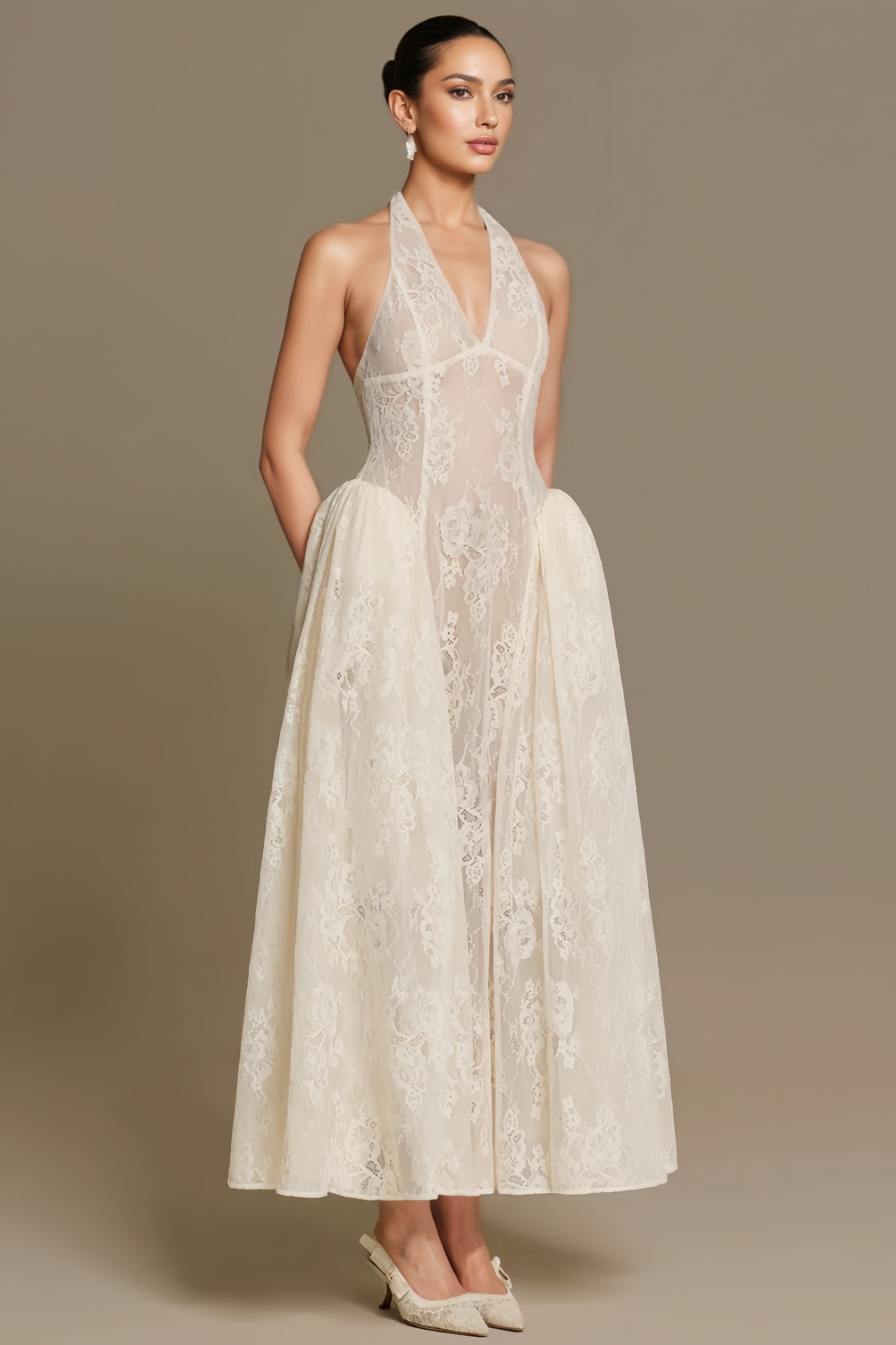 Rupart White Halter Neck Lace Maxi Dress