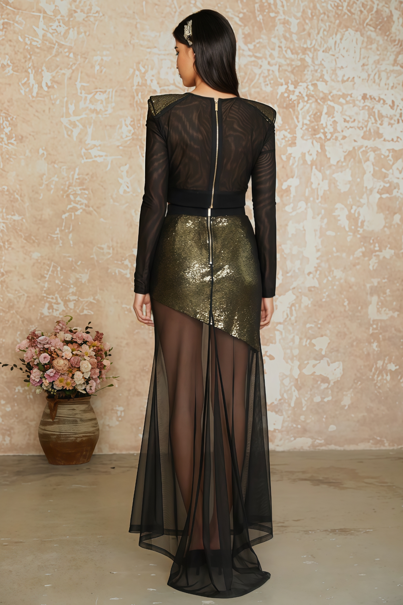 Livern Gold Sequin Embellished Tulle Top Maxi Dress Set