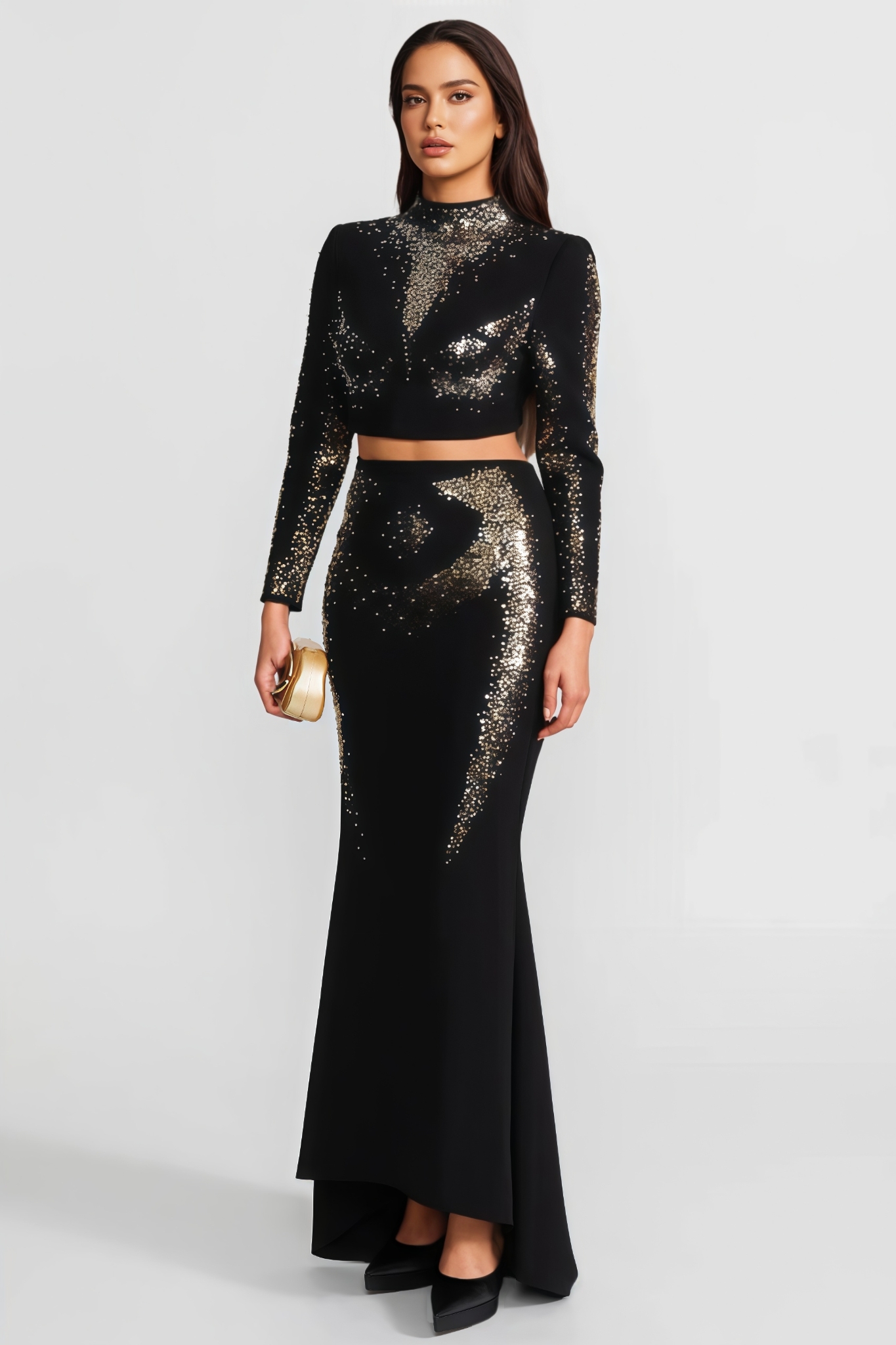 Beryrn Black Embellished Sequin Maxi Dress Set