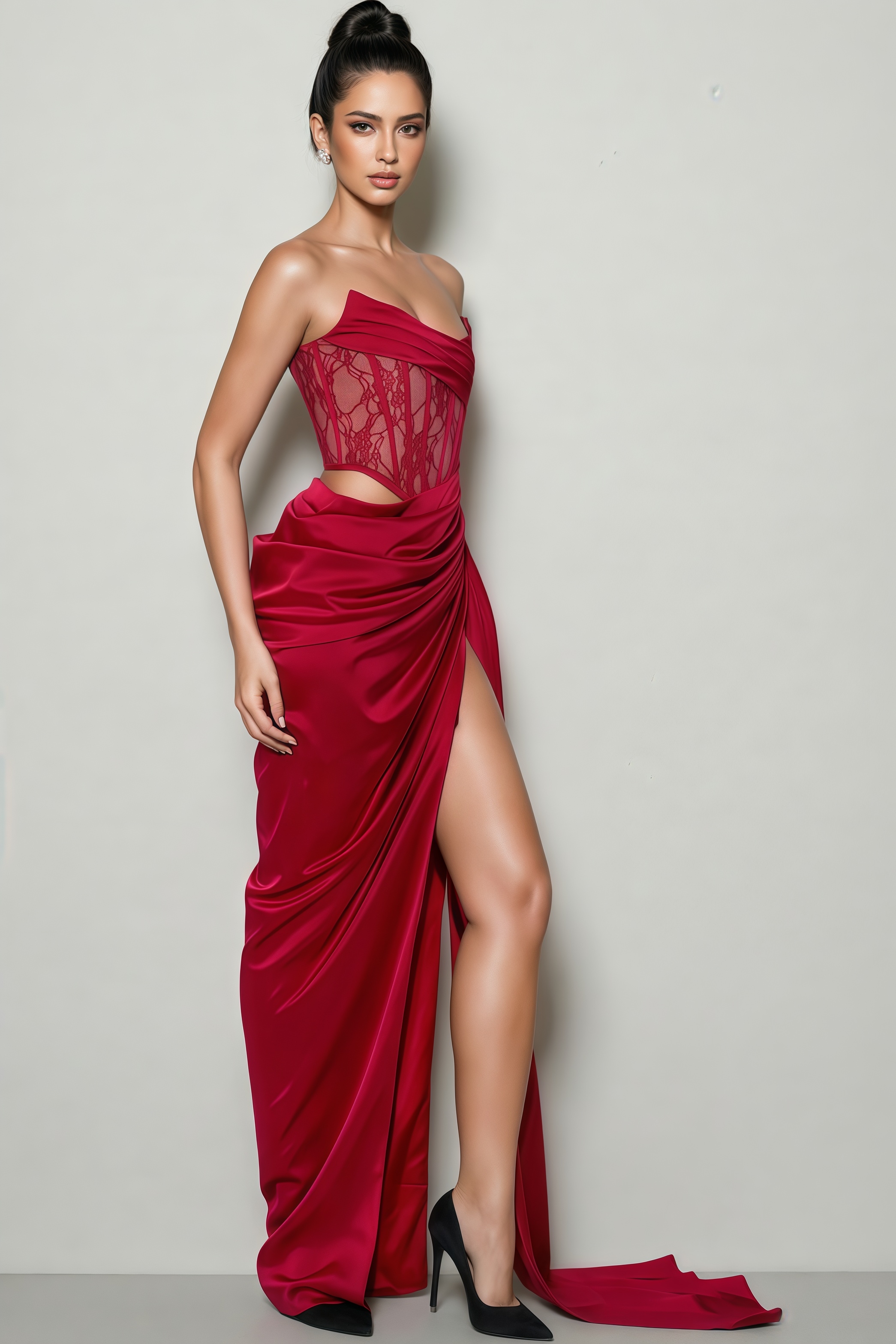 Analu Red Lace High Slit Maxi Dress