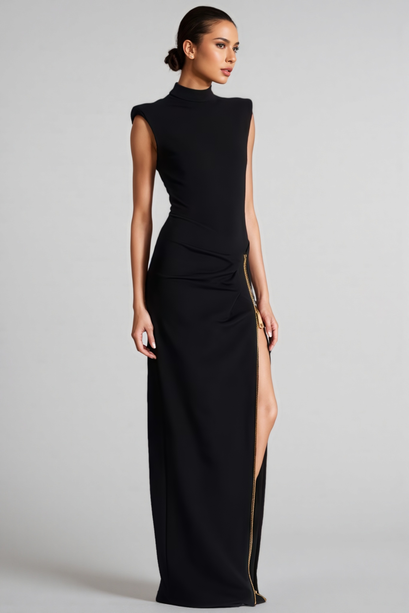 Polasa Black Sleeveless Zipper Split Maxi Dress