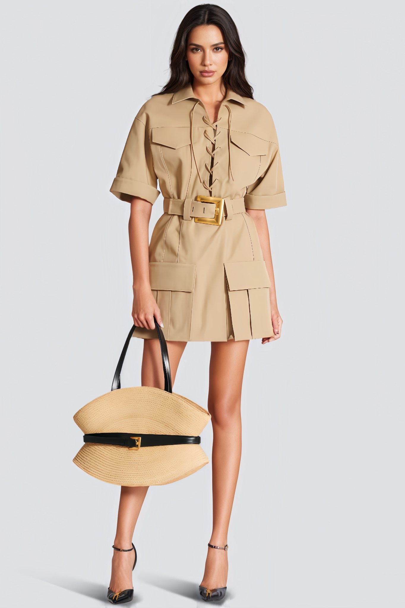 Cynect Khaki Belted Mini Dress