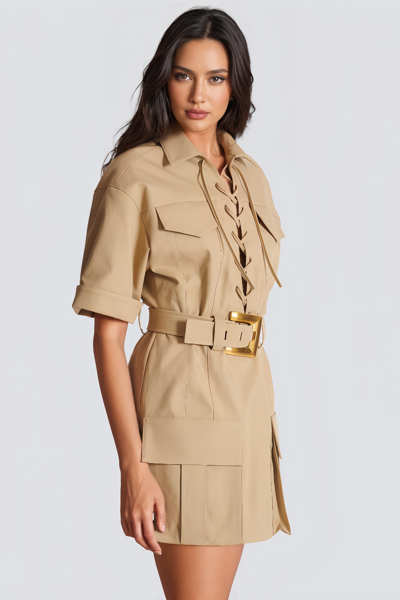 Cynect Khaki Belted Mini Dress