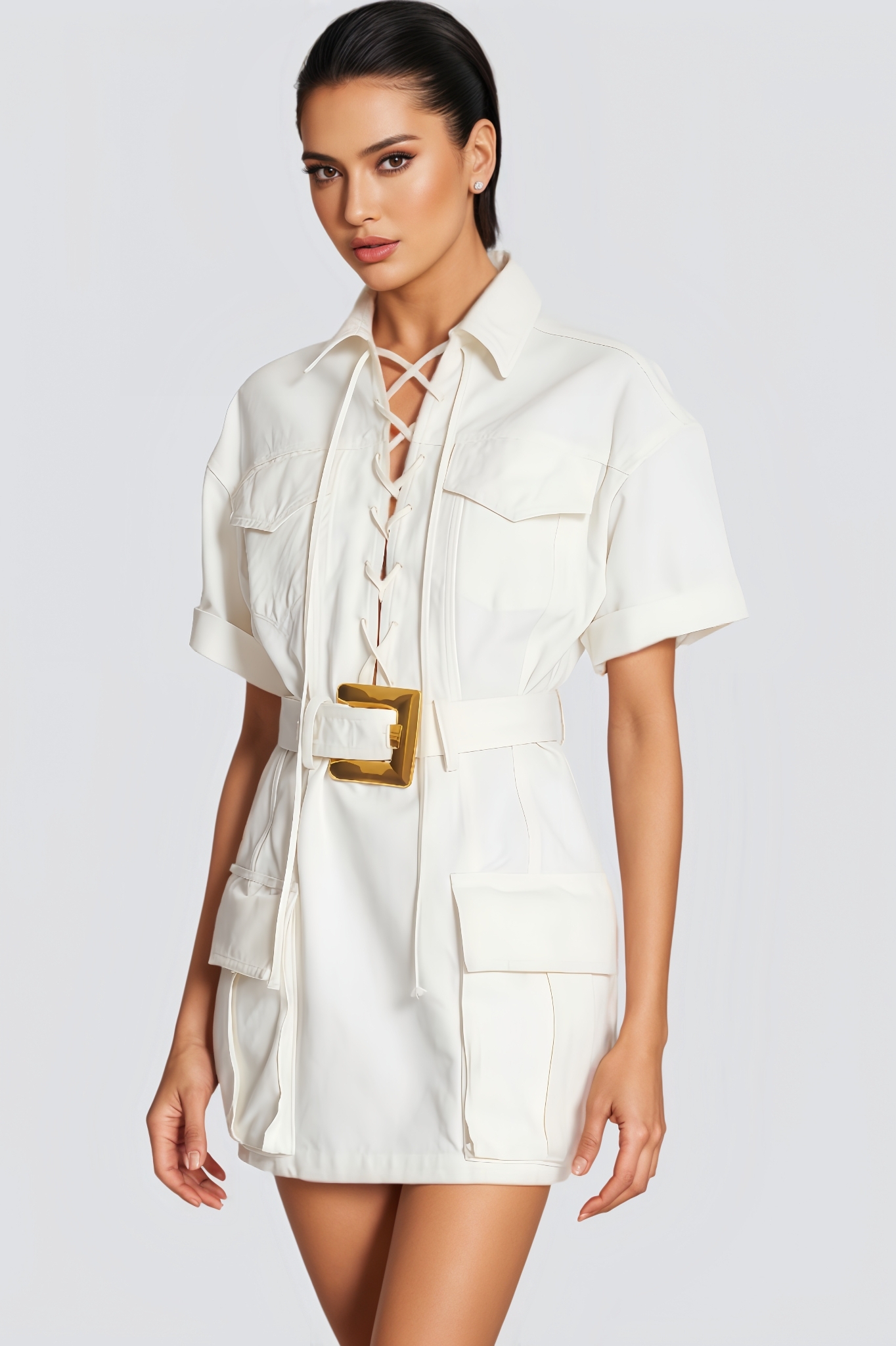 Drellfy White Belted Mini Dress