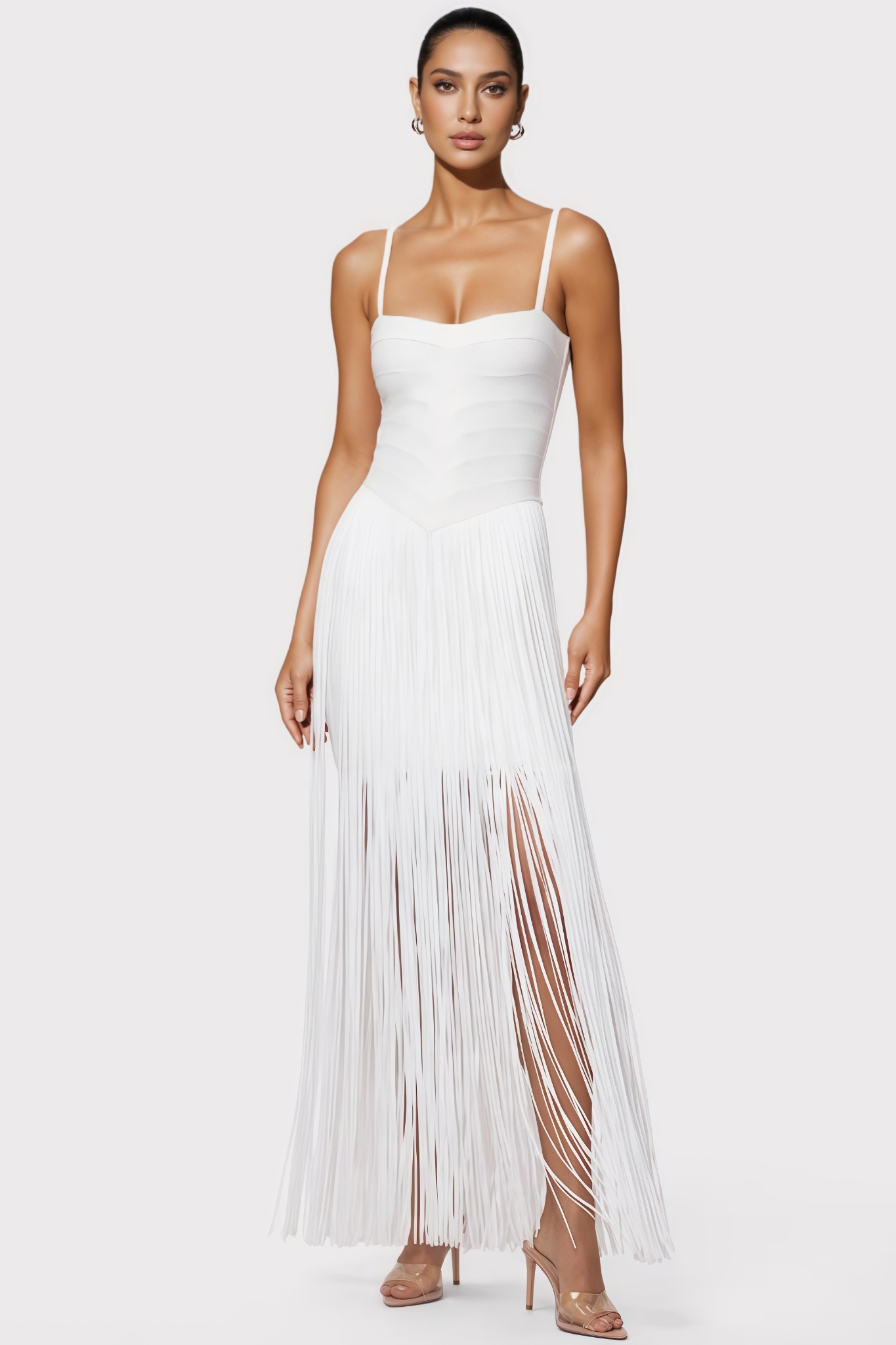 Grooklyn White Fringed Bandage Maxi Dress
