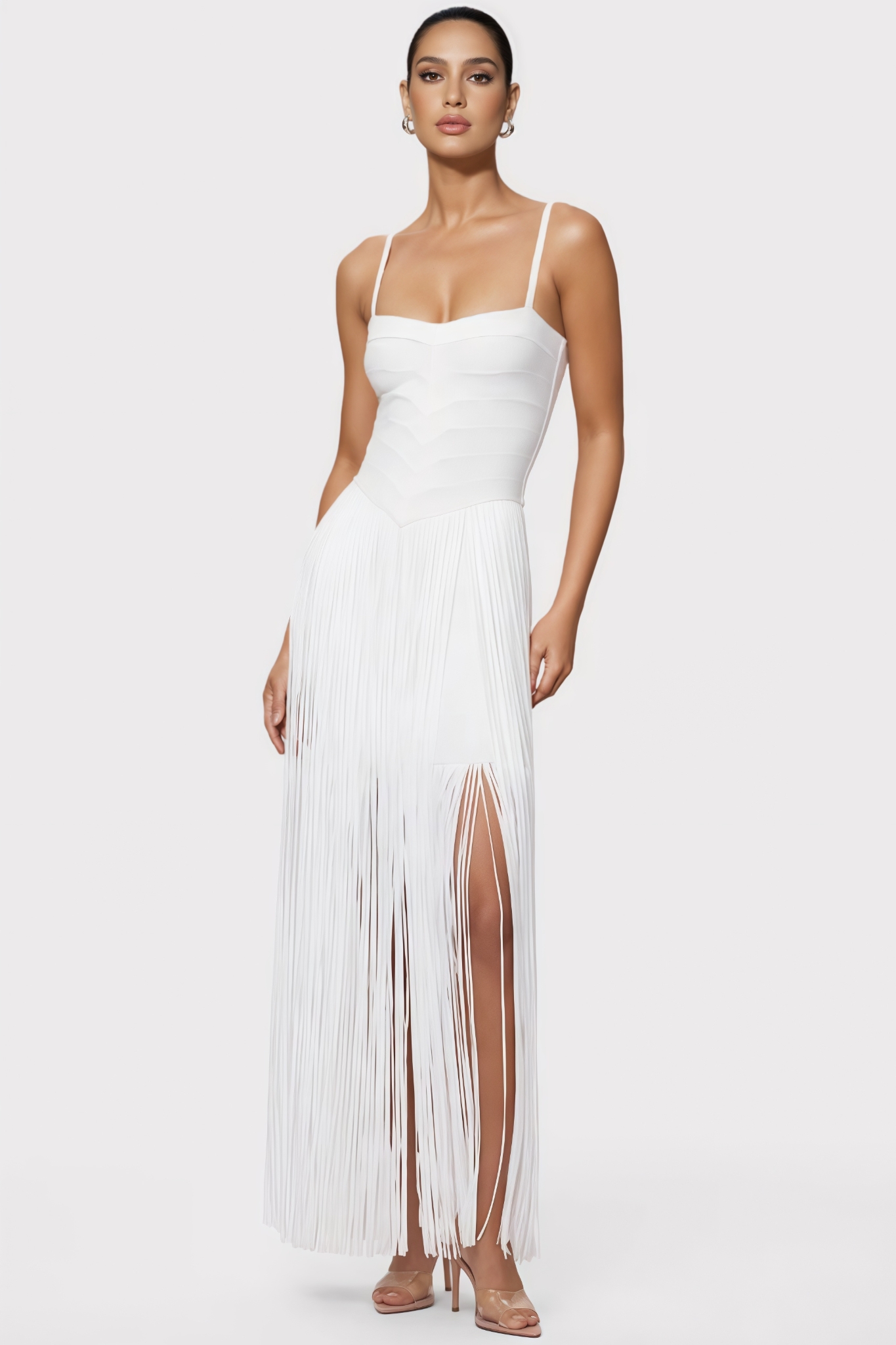 Grooklyn White Fringed Bandage Maxi Dress