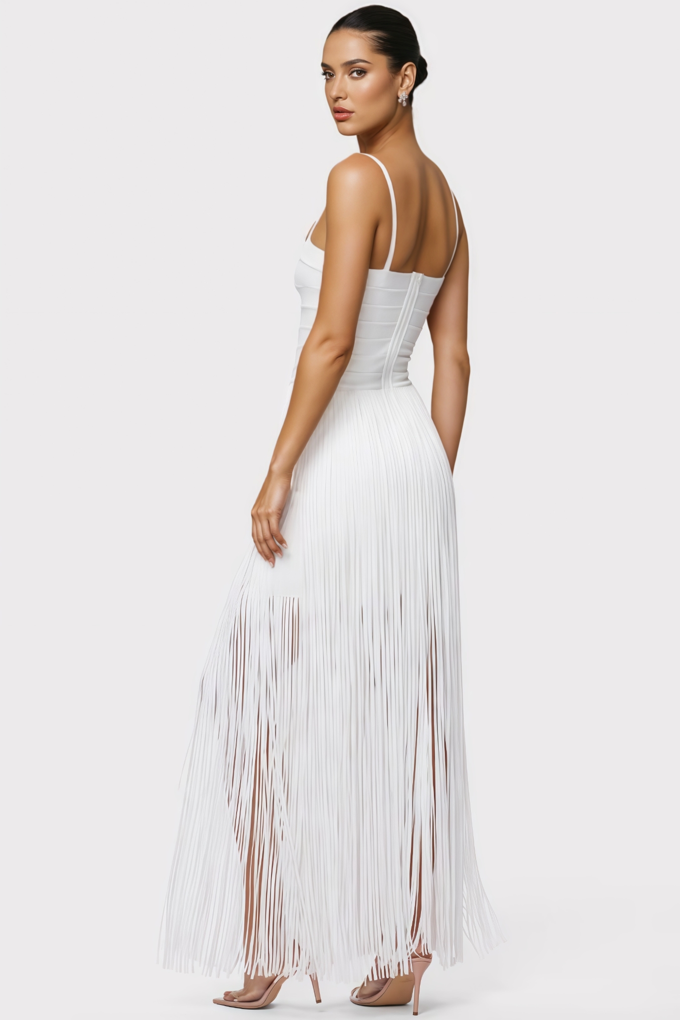 Grooklyn White Fringed Bandage Maxi Dress