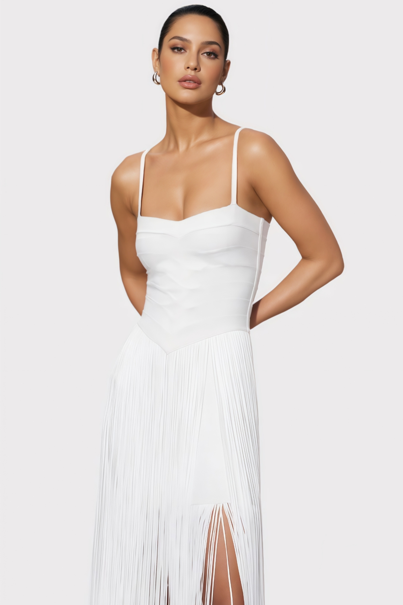 Grooklyn White Fringed Bandage Maxi Dress