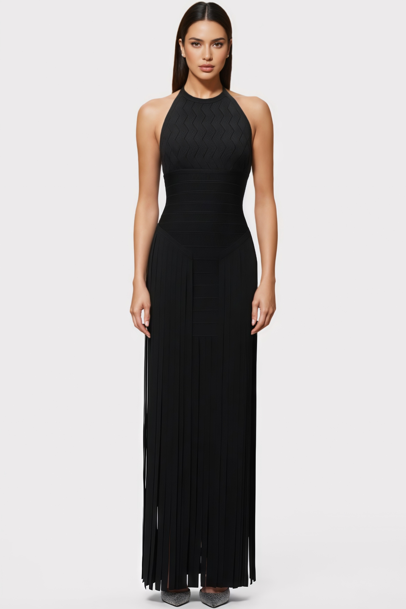 Goshua Black Halter Neck Fringe Maxi Dress