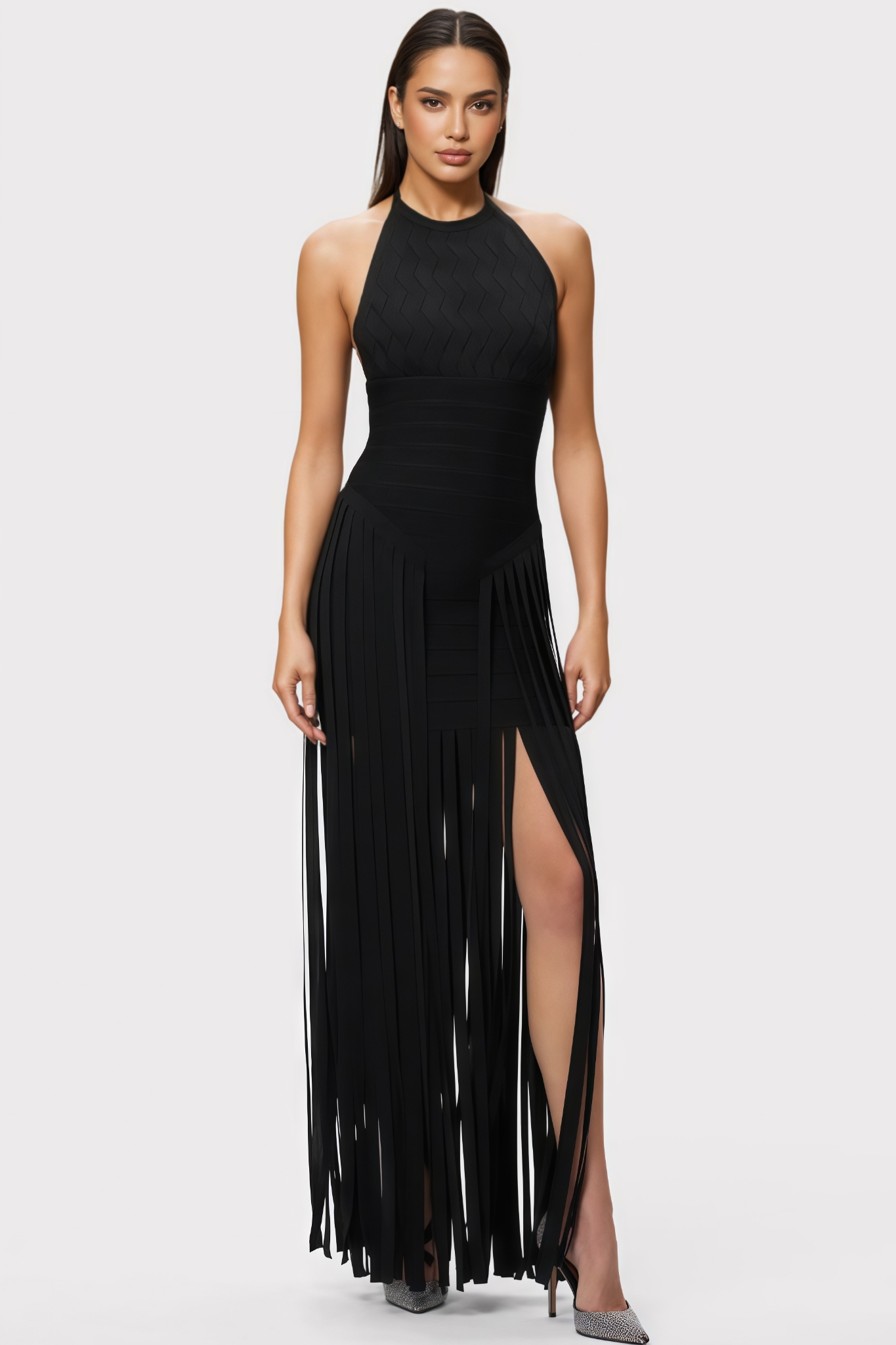 Goshua Black Halter Neck Fringe Maxi Dress