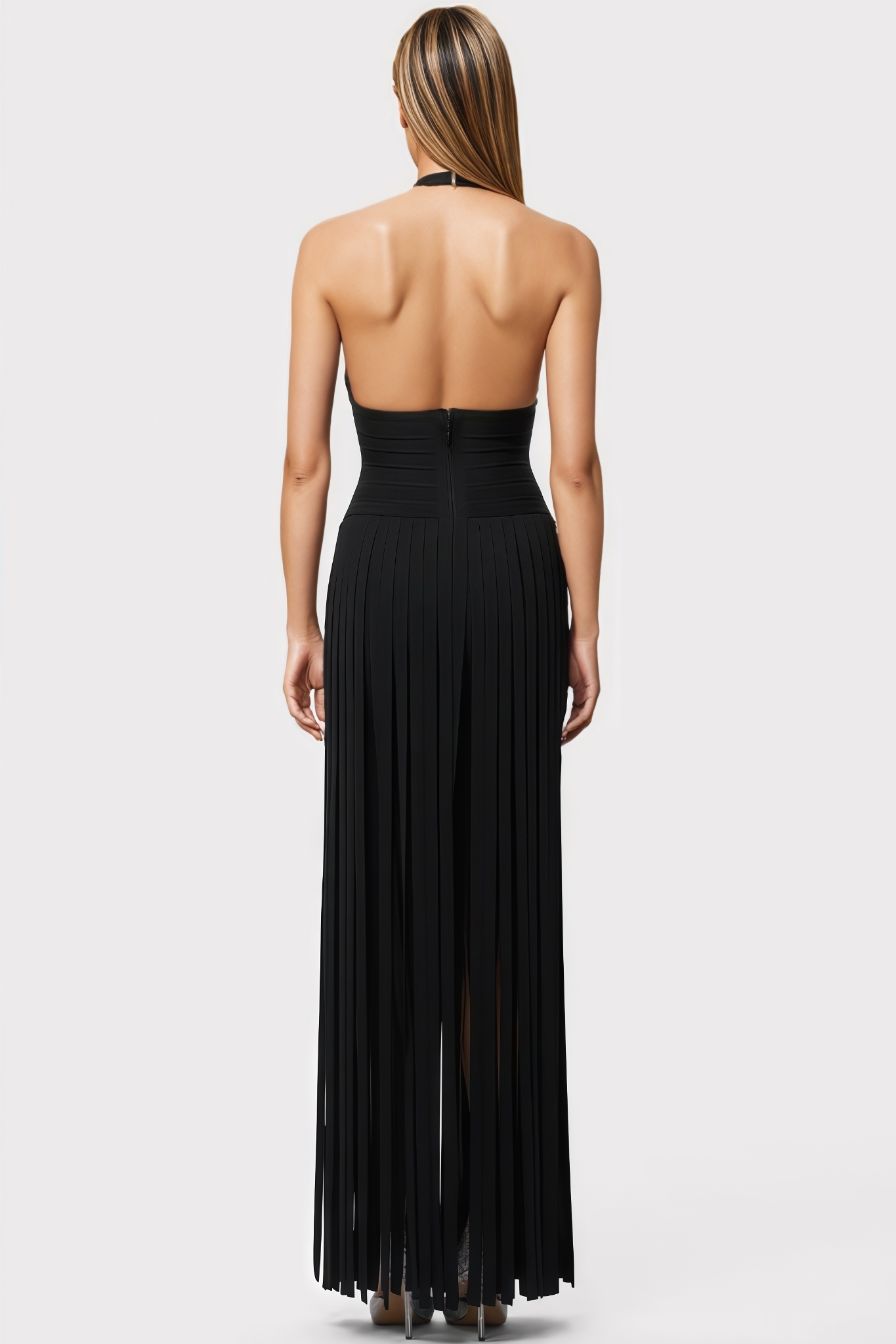 Goshua Black Halter Neck Fringe Maxi Dress