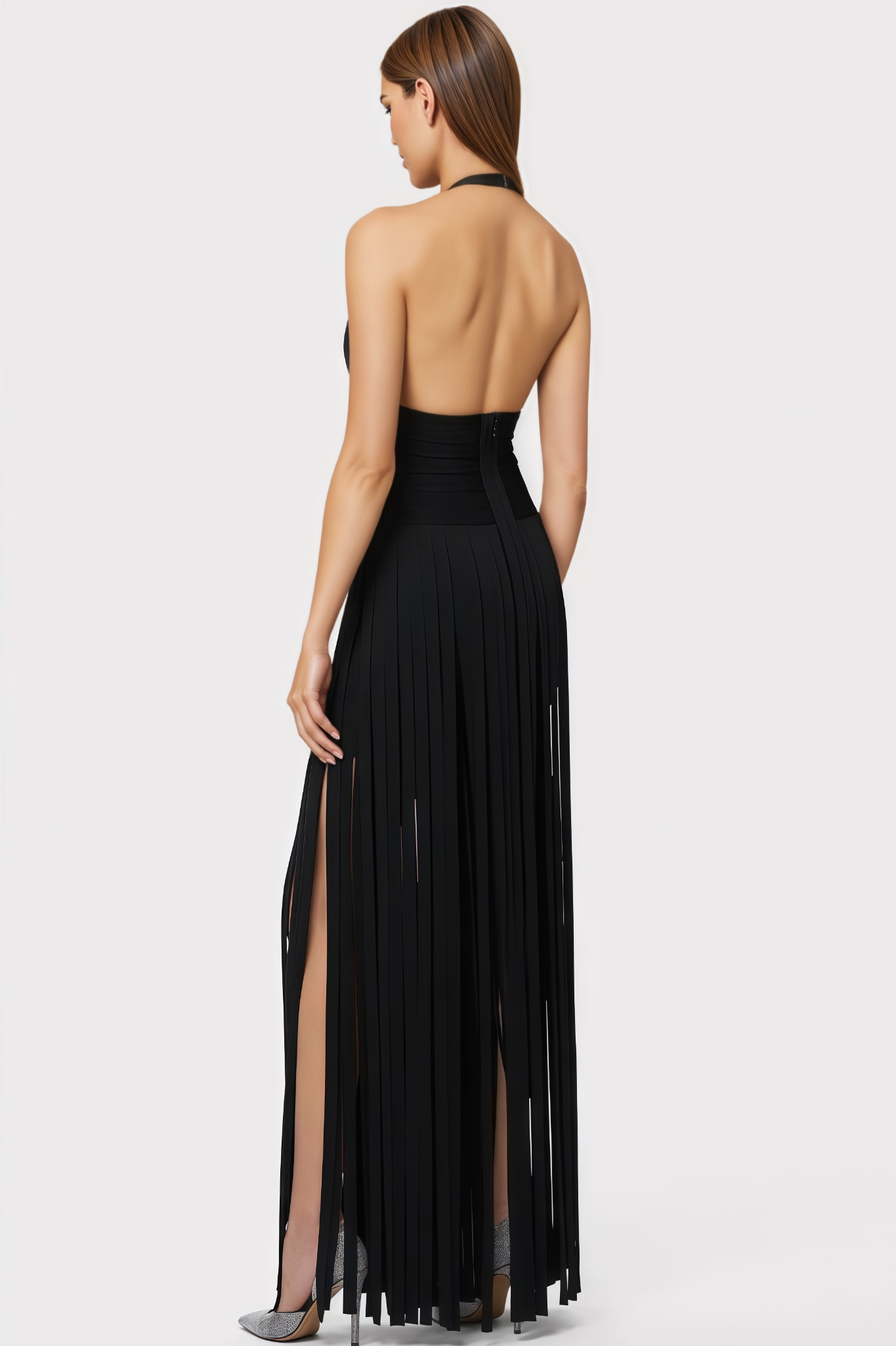 Goshua Black Halter Neck Fringe Maxi Dress
