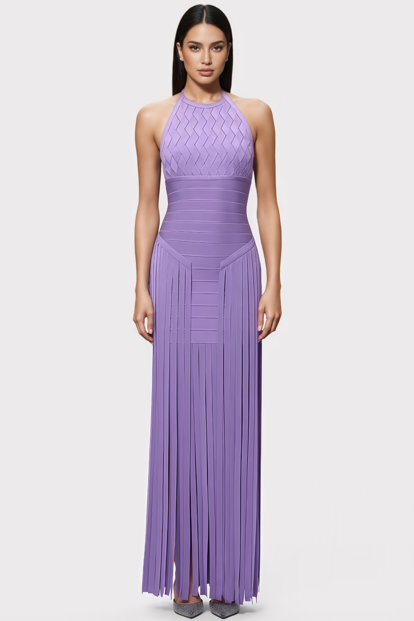 Teah Purple Halter Neck Fringe Maxi Dress