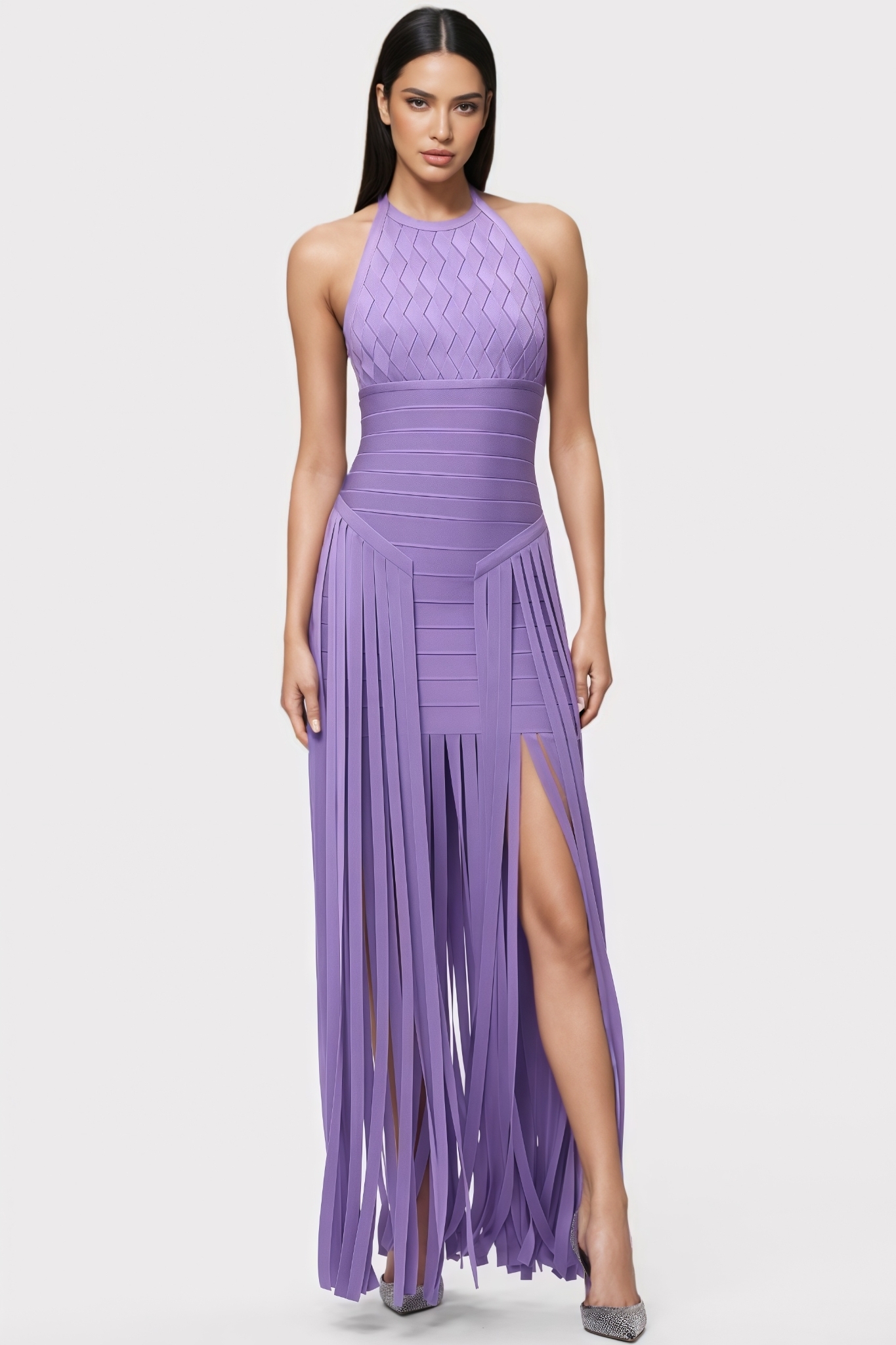 Teah Purple Halter Neck Fringe Maxi Dress