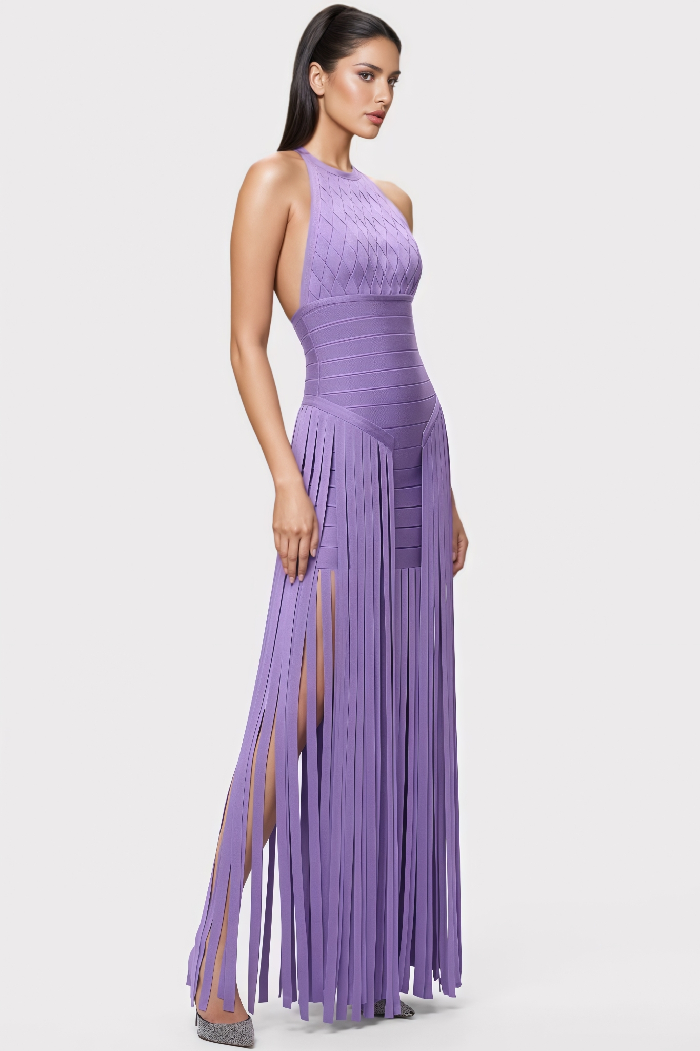 Teah Purple Halter Neck Fringe Maxi Dress