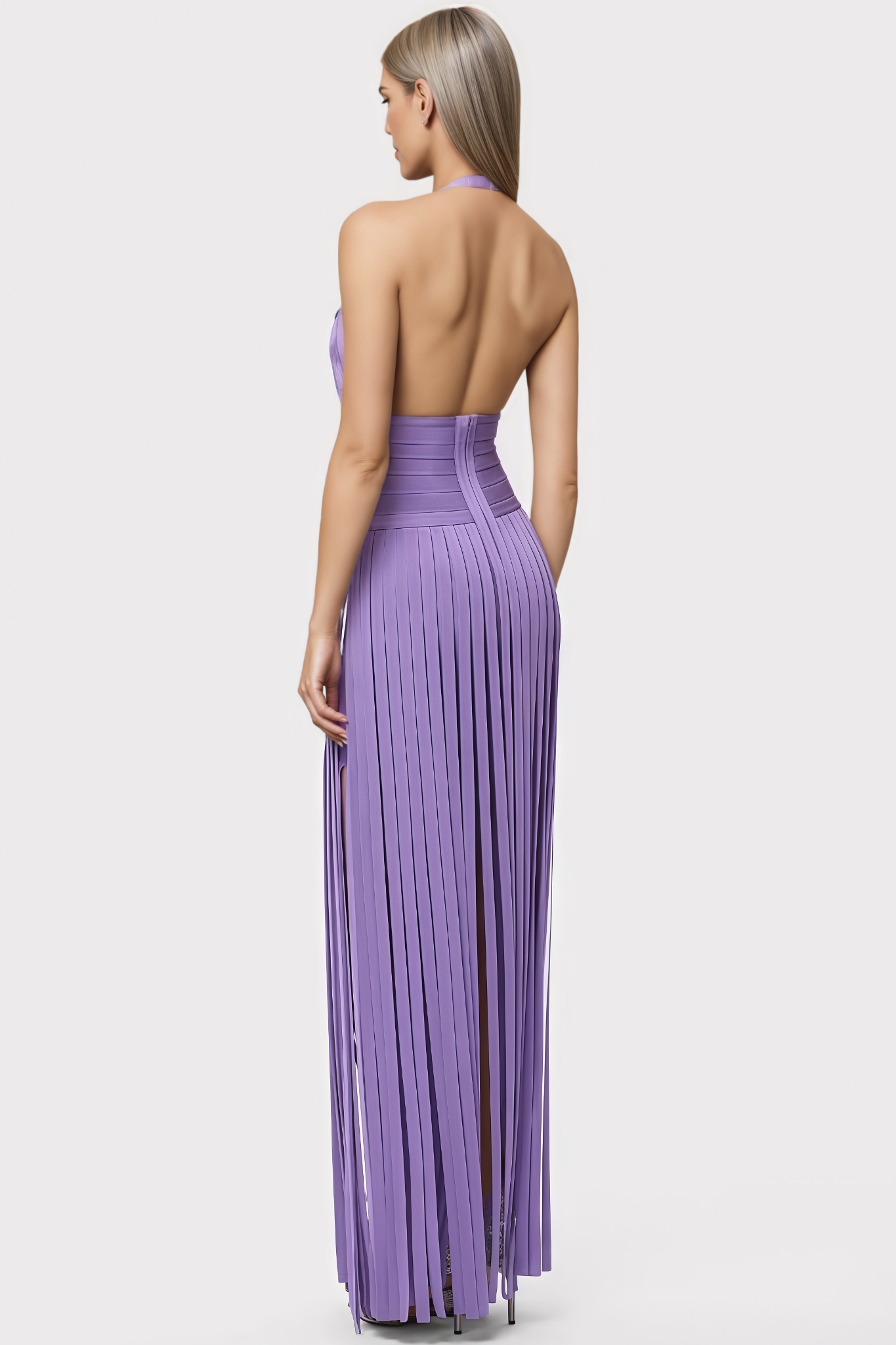 Teah Purple Halter Neck Fringe Maxi Dress
