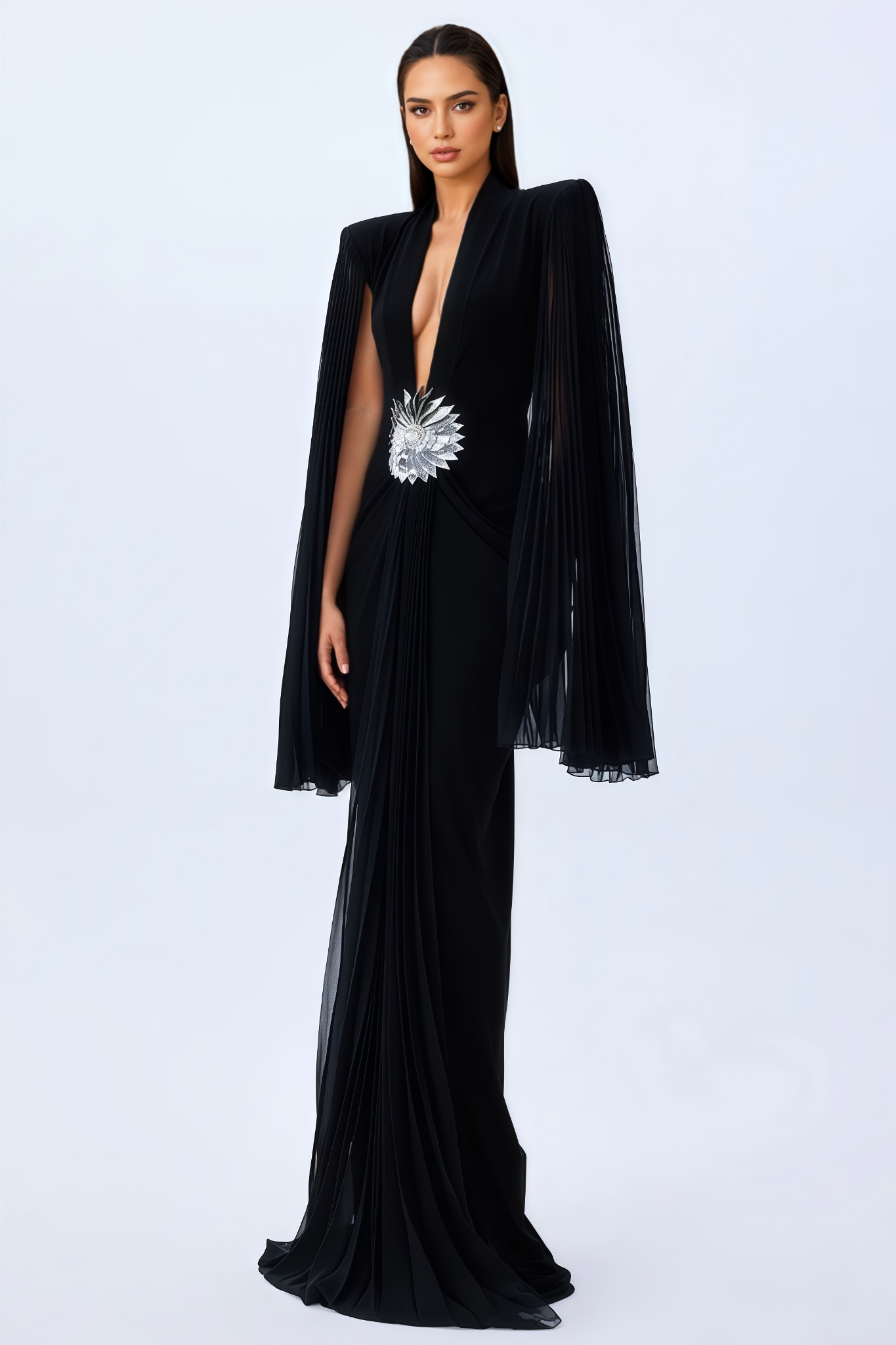 Lilltay Black V Neck Tulle Maxi Dress