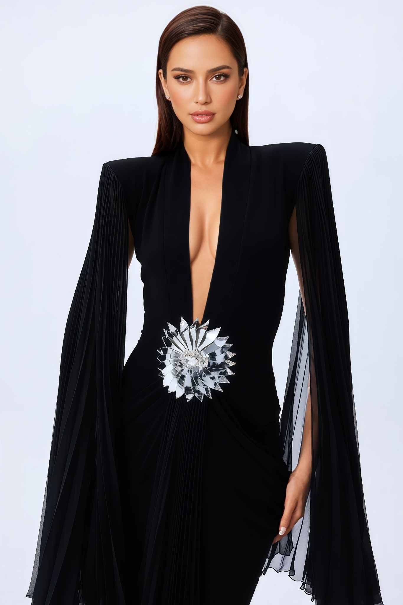 Lilltay Black V Neck Tulle Maxi Dress