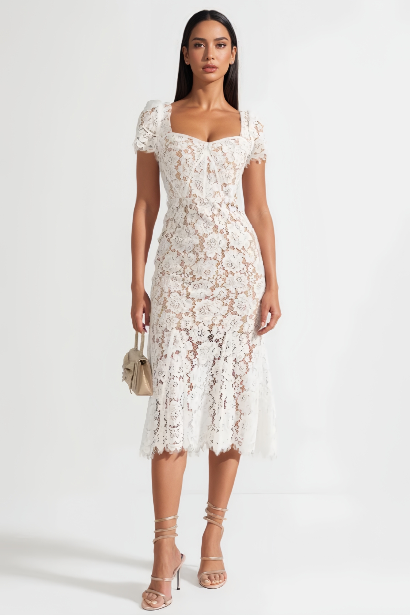 Ilrick White Sleeved Floral Lace Midi Dress 